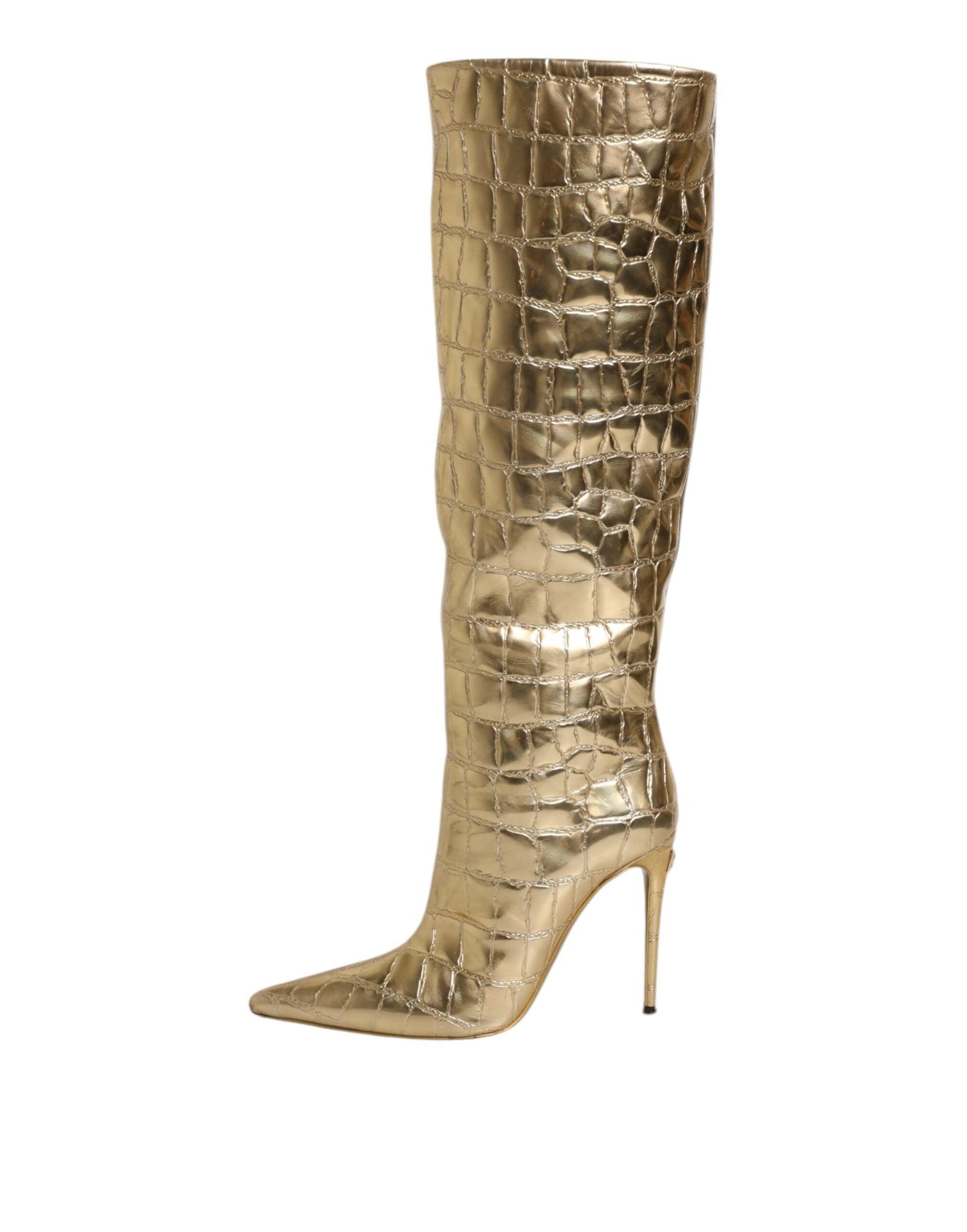 Dolce & Gabbana Gold Leather Stiletto Heels High Boots Shoes - Arichezz.store