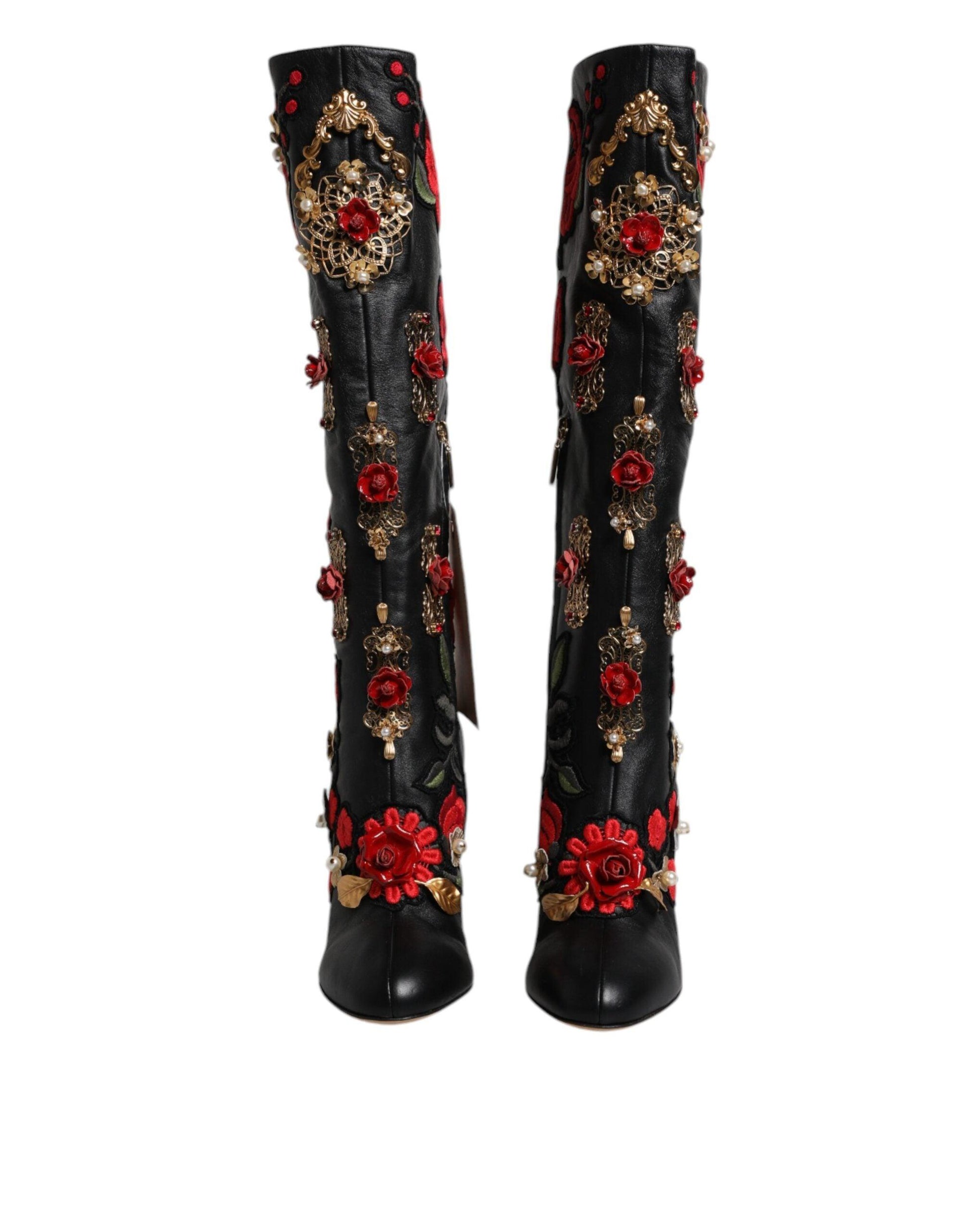 Dolce & Gabbana Black Roses Embellished Leather Heel Boots Shoes - Arichezz.store