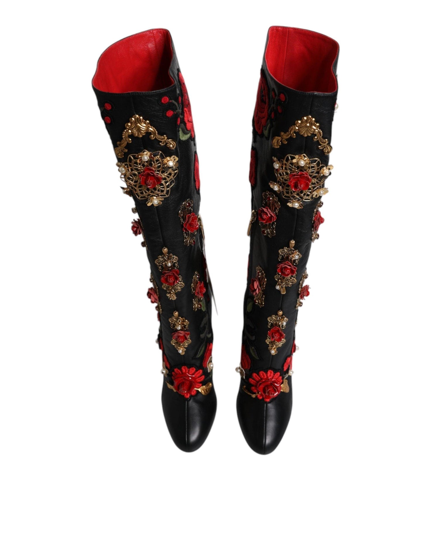 Dolce & Gabbana Black Roses Embellished Leather Heel Boots Shoes - Arichezz.store