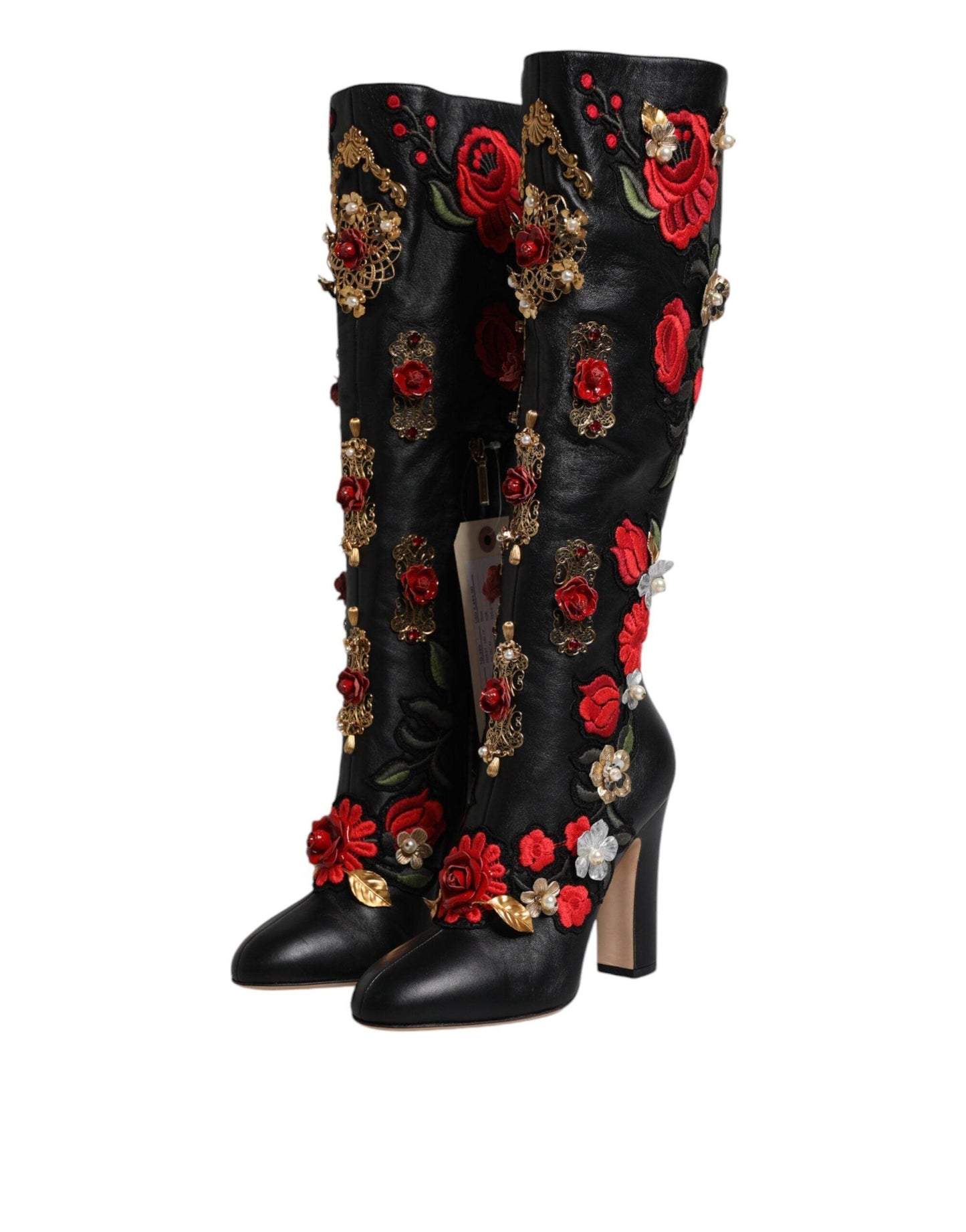 Dolce & Gabbana Black Roses Embellished Leather Heel Boots Shoes - Arichezz.store