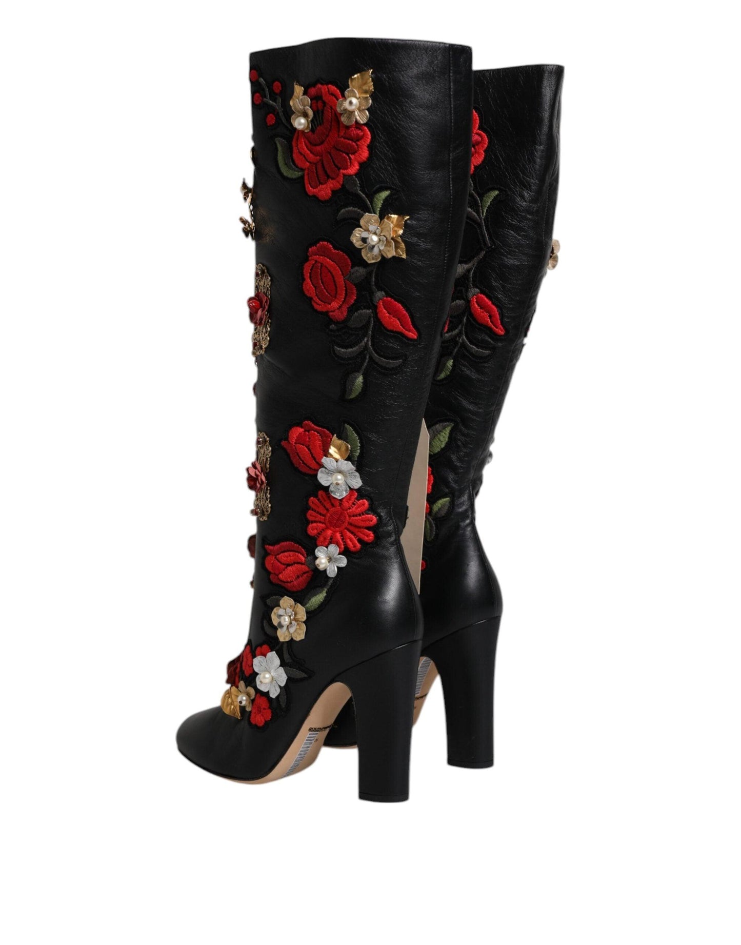 Dolce & Gabbana Black Roses Embellished Leather Heel Boots Shoes - Arichezz.store