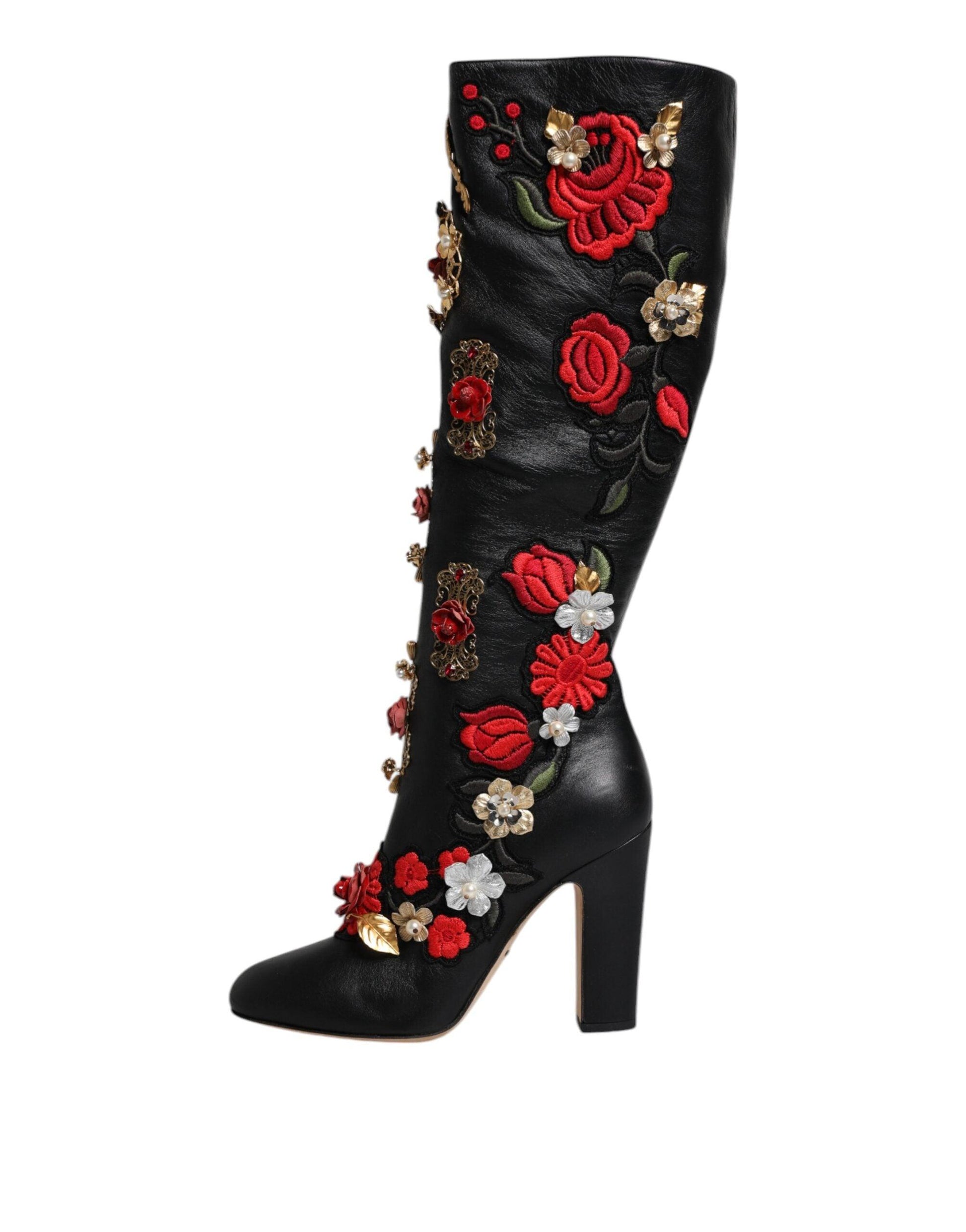 Dolce & Gabbana Black Roses Embellished Leather Heel Boots Shoes - Arichezz.store