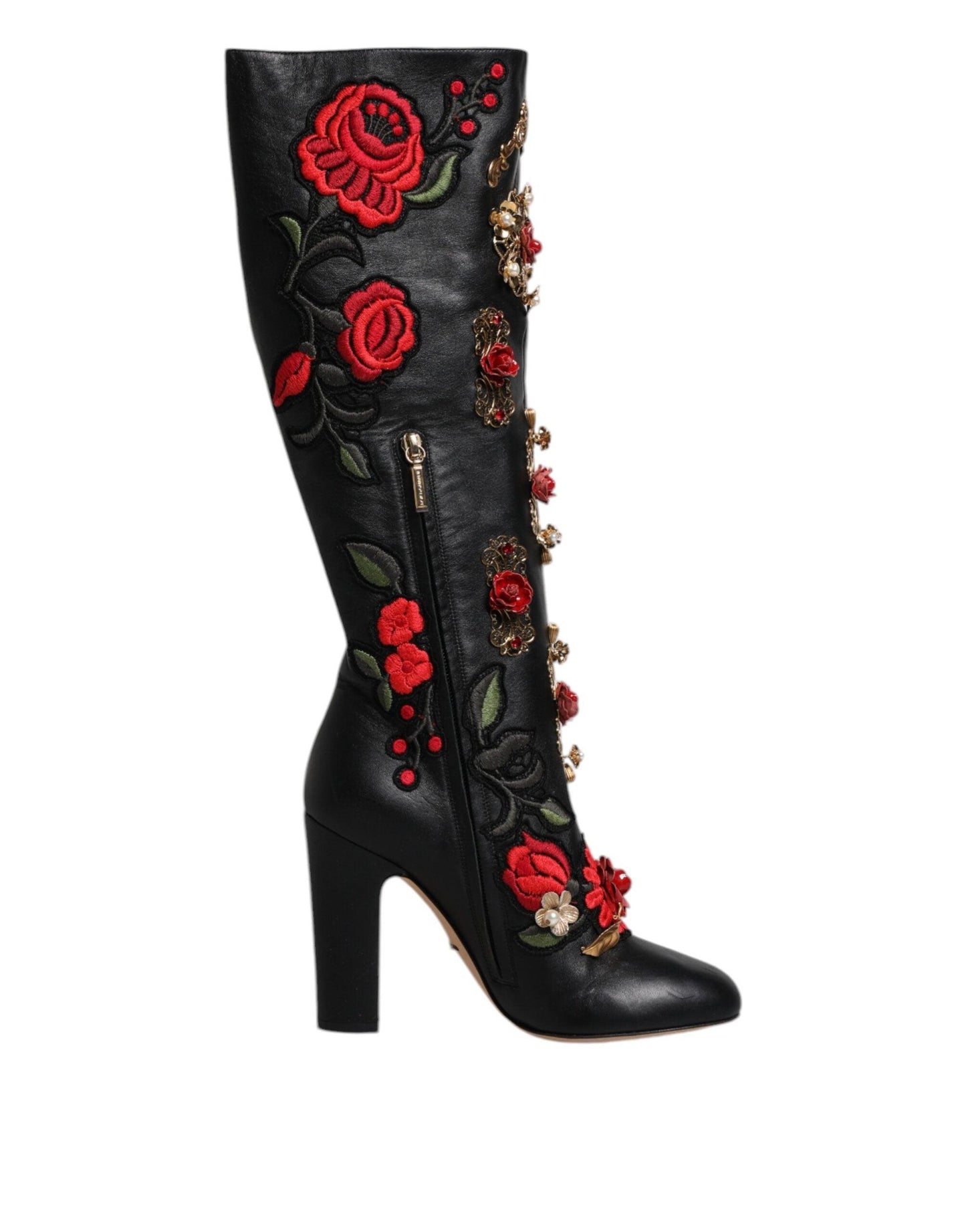 Dolce & Gabbana Black Roses Embellished Leather Heel Boots Shoes - Arichezz.store