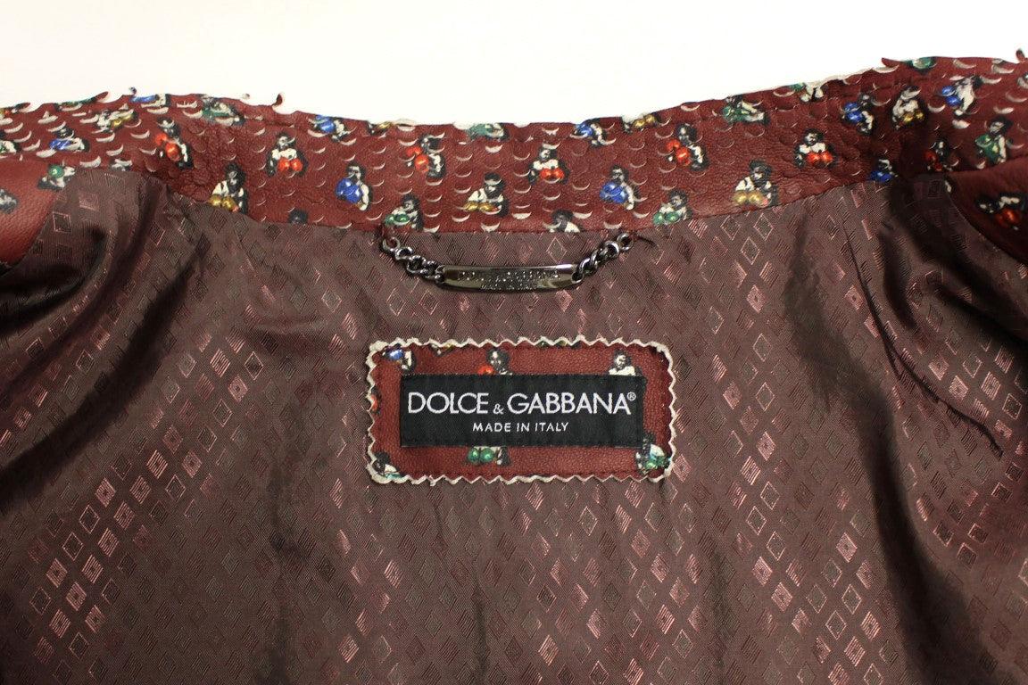 Dolce & Gabbana Exclusive Boxer Print Bordeaux Leather Jacket - Arichezz.store