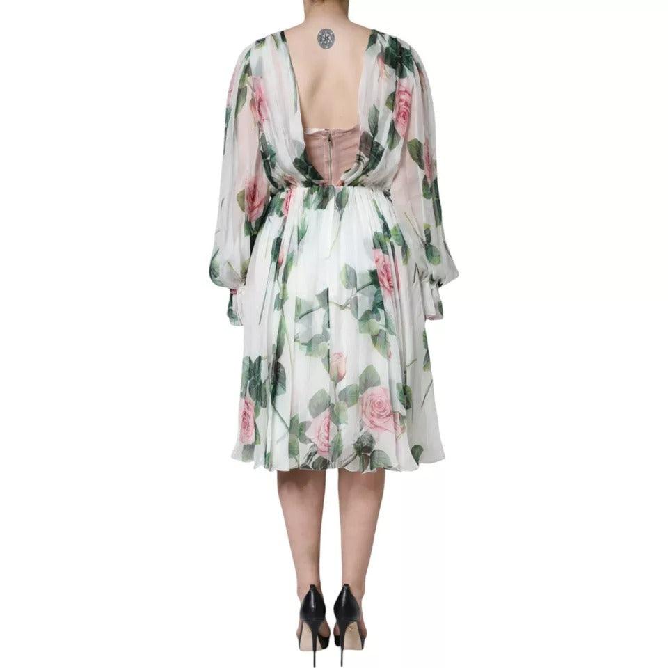 Dolce & Gabbana White Silk Floral Print A-line Midi Dress - Arichezz.store