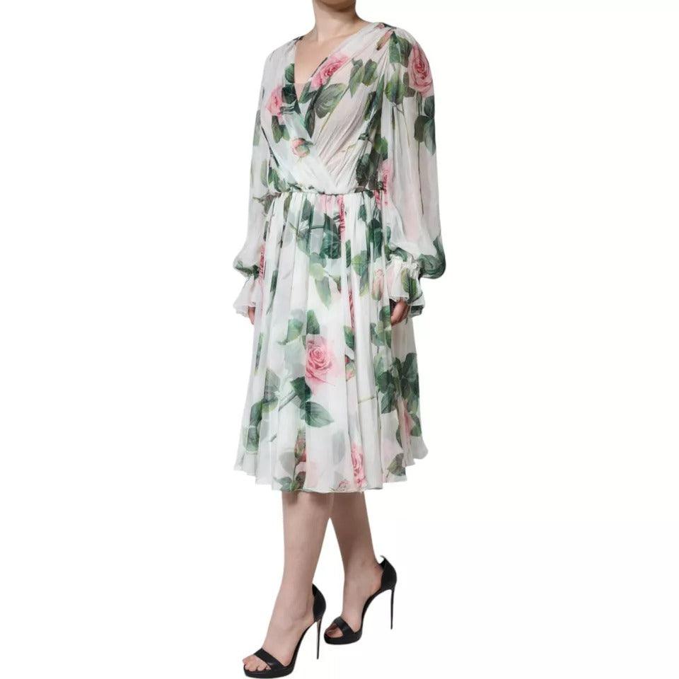 Dolce & Gabbana White Silk Floral Print A-line Midi Dress - Arichezz.store