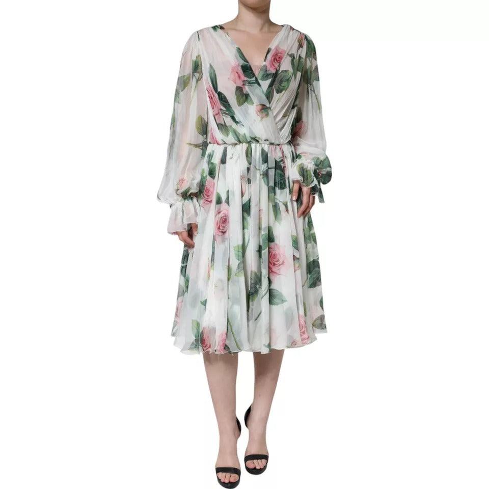 Dolce & Gabbana White Silk Floral Print A-line Midi Dress - Arichezz.store