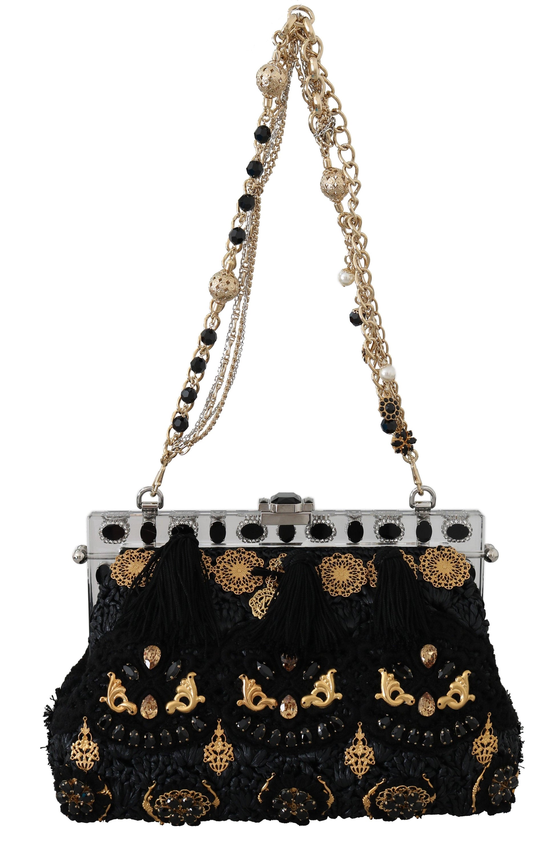 Dolce & Gabbana Black Tassel Gold Baroque Crystal Evening Clutch - Arichezz.store