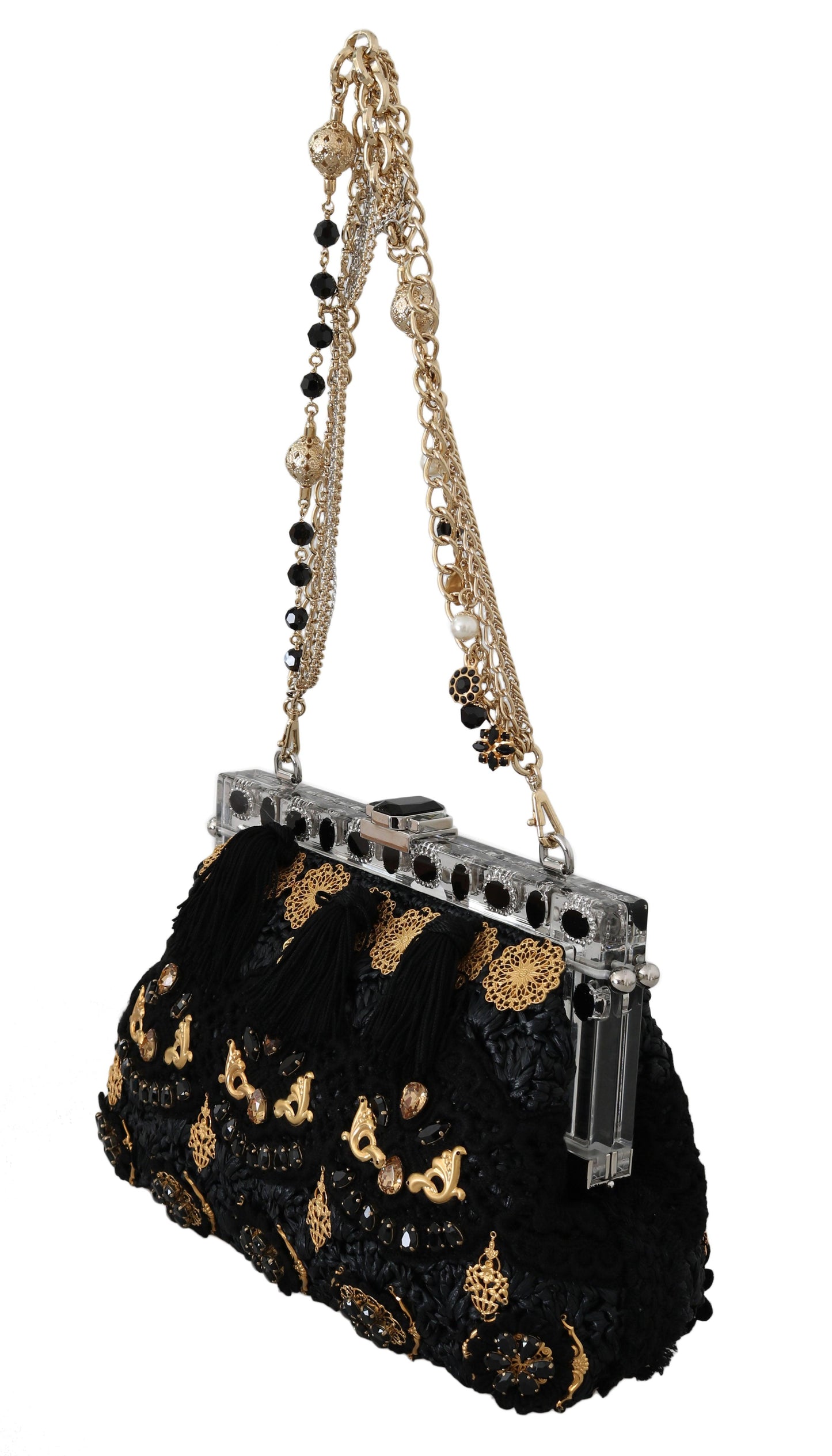 Dolce & Gabbana Black Tassel Gold Baroque Crystal Evening Clutch - Arichezz.store