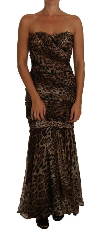 Dolce & Gabbana Brown Leopard Silk Chiffon Ruched Mermaid Maxi Dress - Arichezz.store