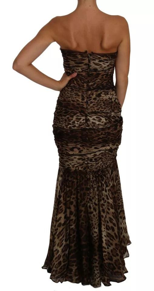 Dolce & Gabbana Brown Leopard Silk Chiffon Ruched Mermaid Maxi Dress - Arichezz.store