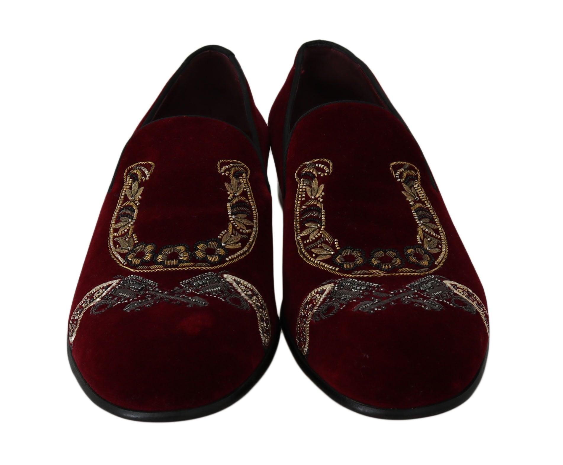 Dolce & Gabbana Bordeaux Velvet Sequined Men's Loafers - Arichezz.store