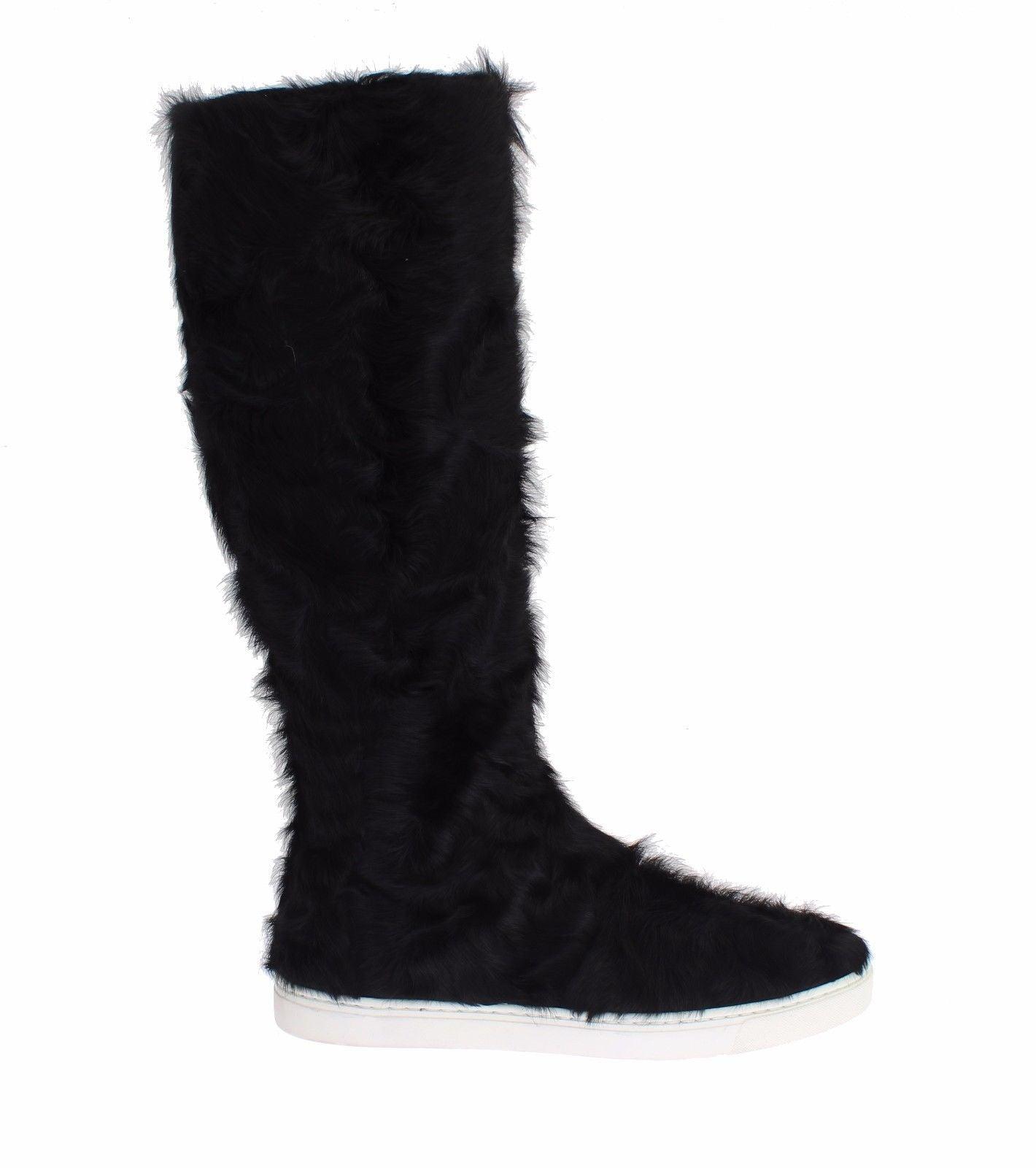 Dolce & Gabbana Elegant Black Fur Leather Flat Sneaker Boots - Arichezz.store