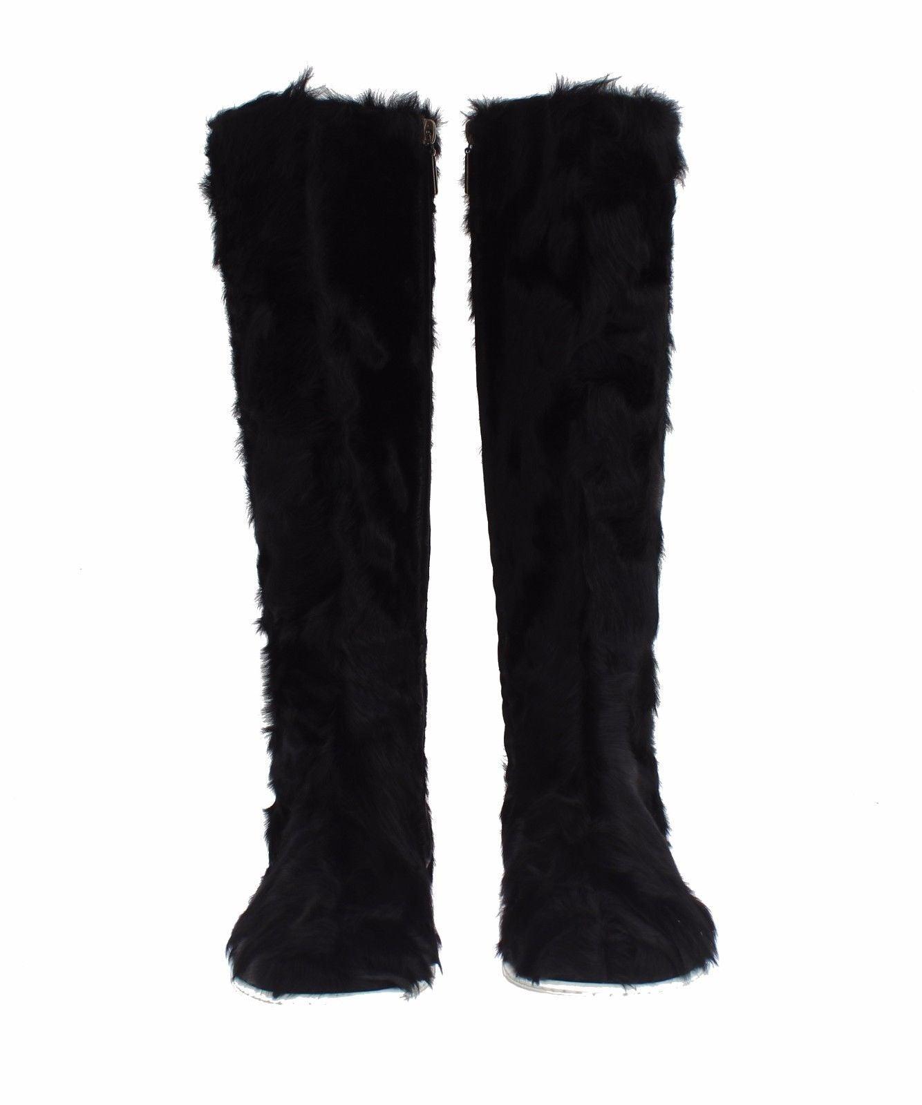 Dolce & Gabbana Elegant Black Fur Leather Flat Sneaker Boots - Arichezz.store