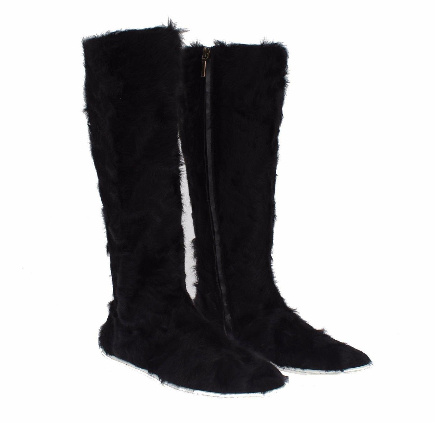 Dolce & Gabbana Elegant Black Fur Leather Flat Sneaker Boots - Arichezz.store