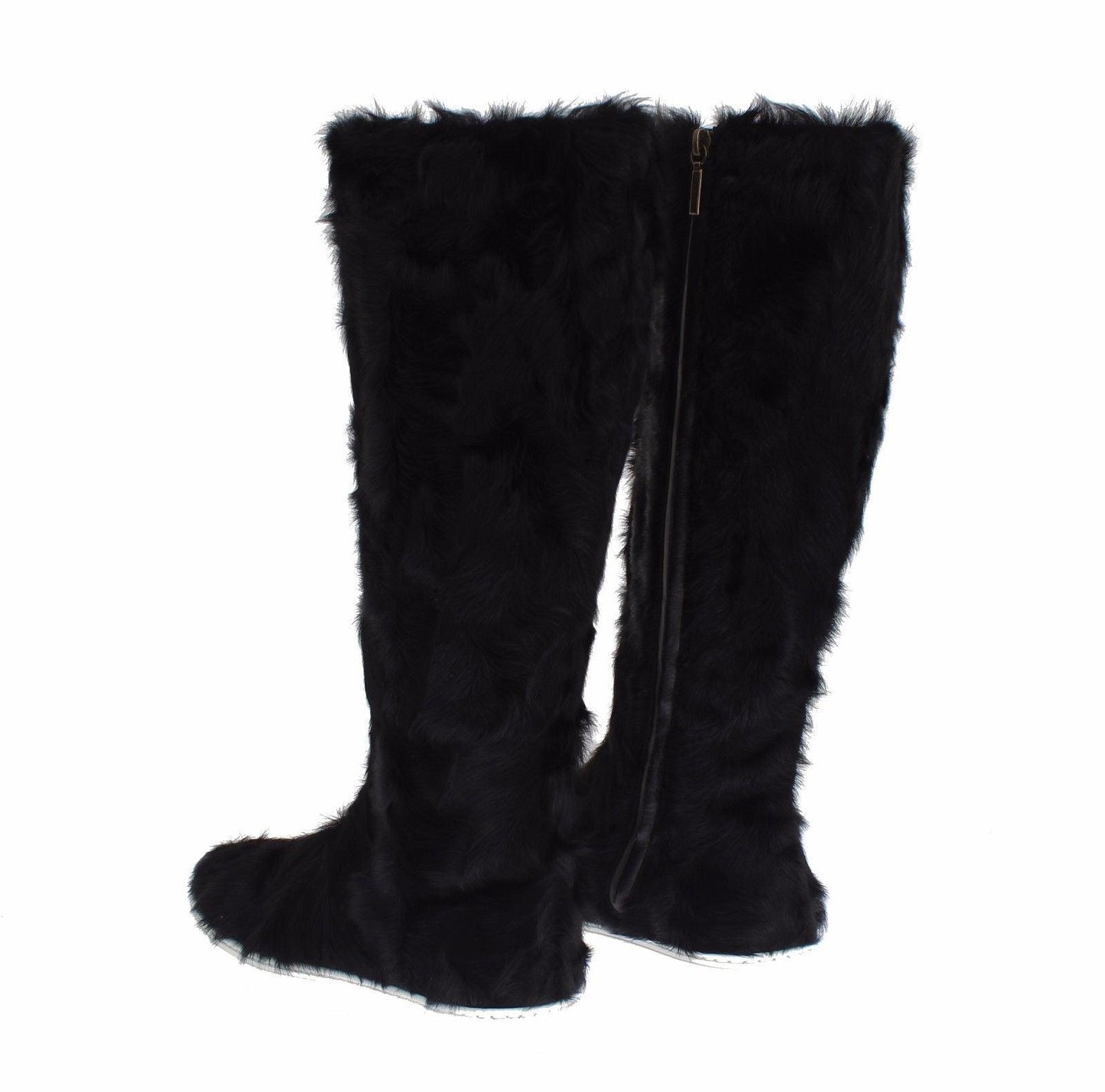 Dolce & Gabbana Elegant Black Fur Leather Flat Sneaker Boots - Arichezz.store