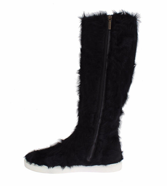 Dolce & Gabbana Elegant Black Fur Leather Flat Sneaker Boots - Arichezz.store