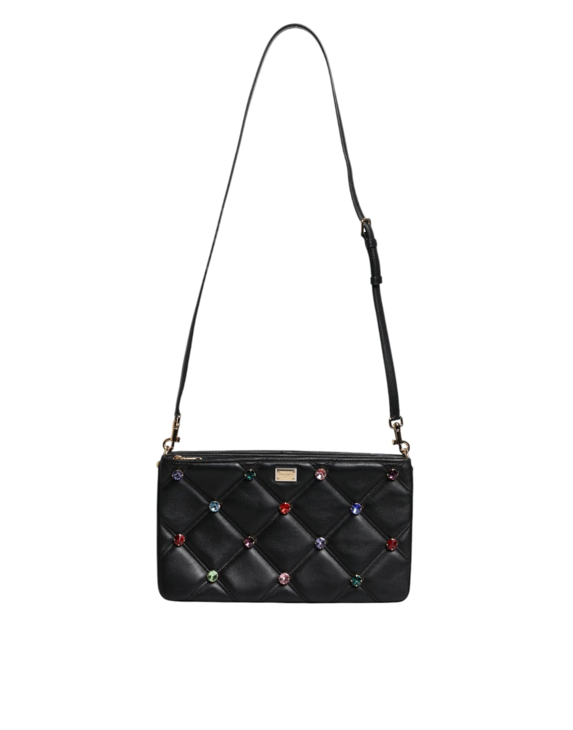 Dolce & Gabbana Black Leather Crystal Embellished Logo Shoulder Bag - Arichezz.store