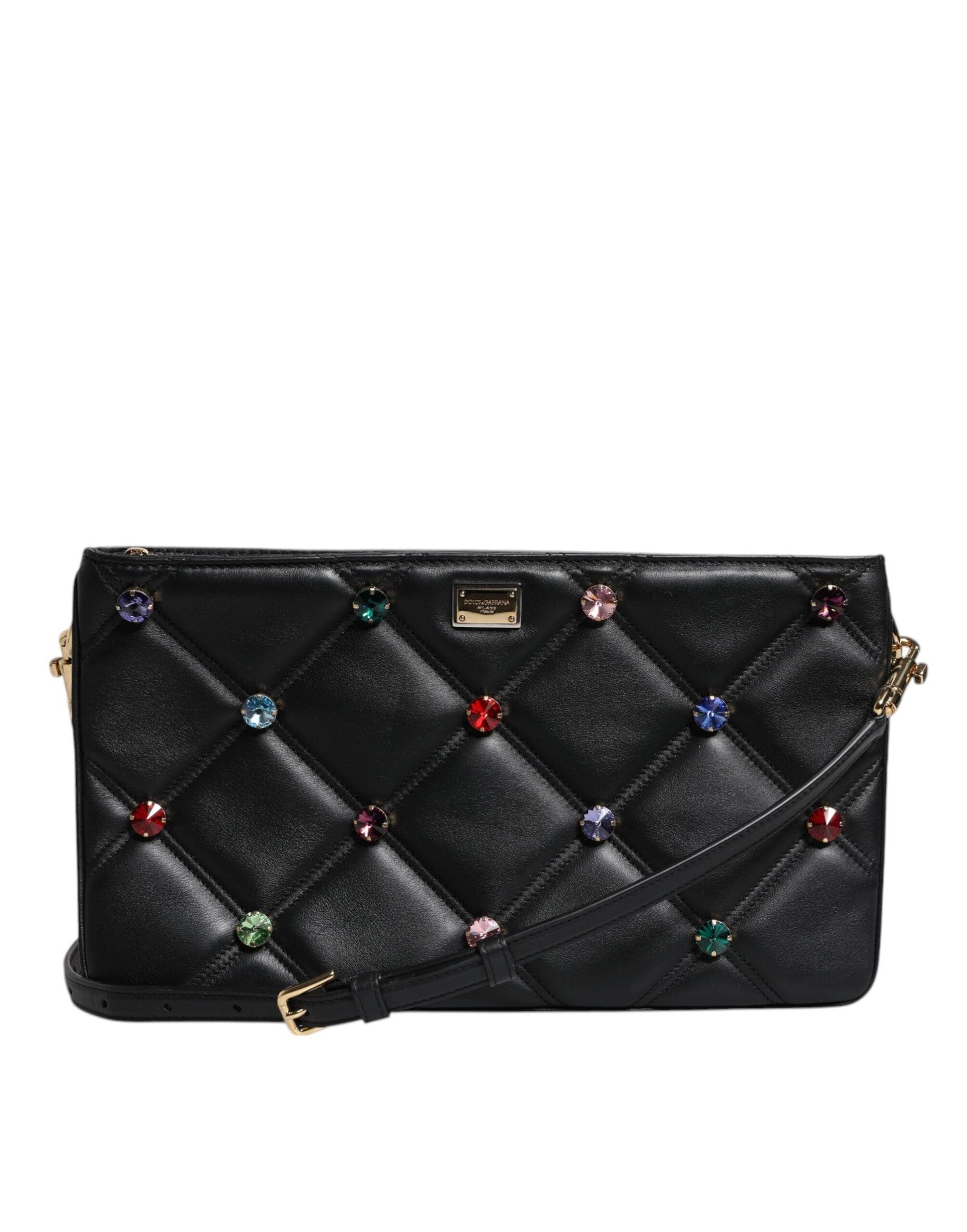 Dolce & Gabbana Black Leather Crystal Embellished Logo Shoulder Bag - Arichezz.store