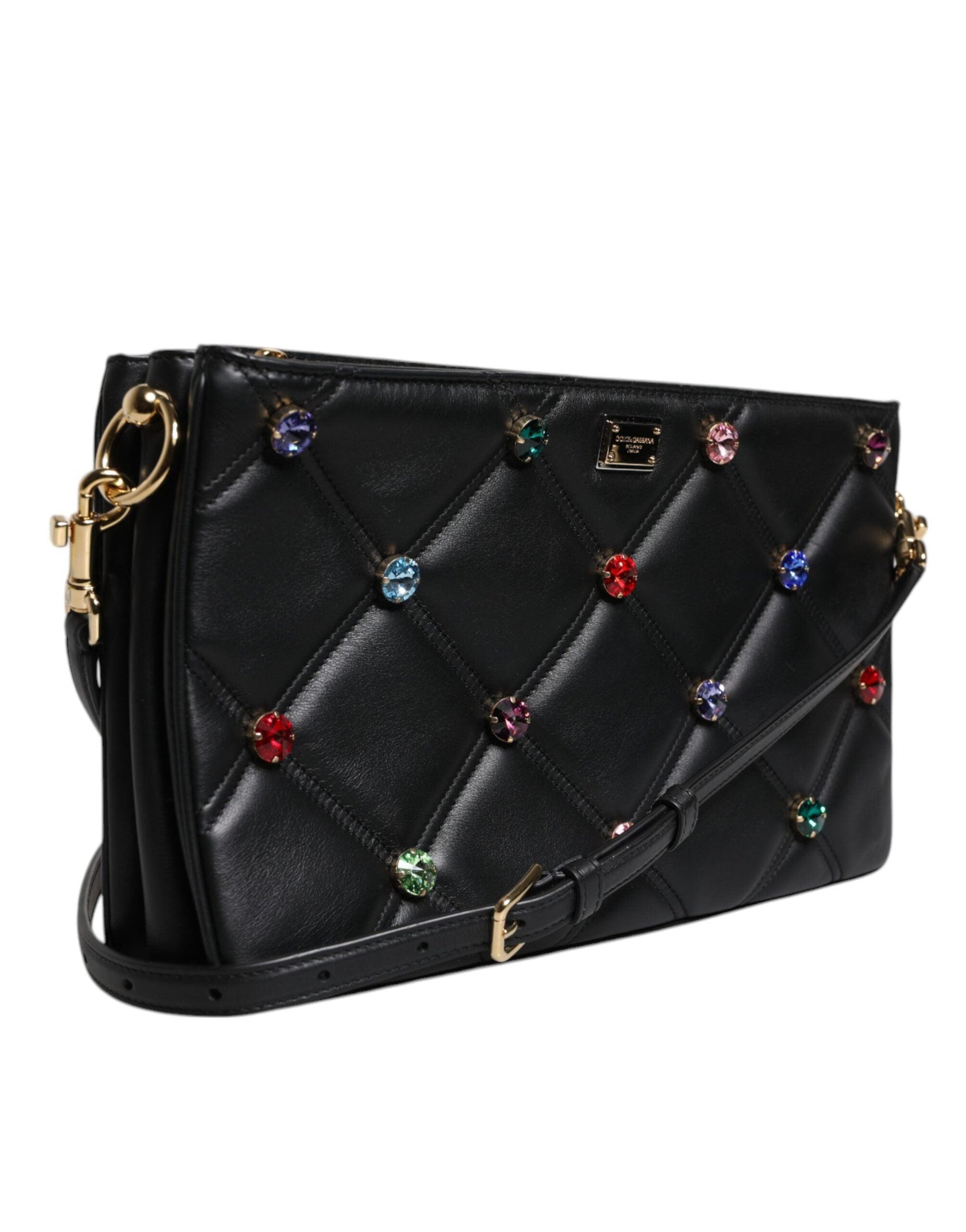 Dolce & Gabbana Black Leather Crystal Embellished Logo Shoulder Bag - Arichezz.store