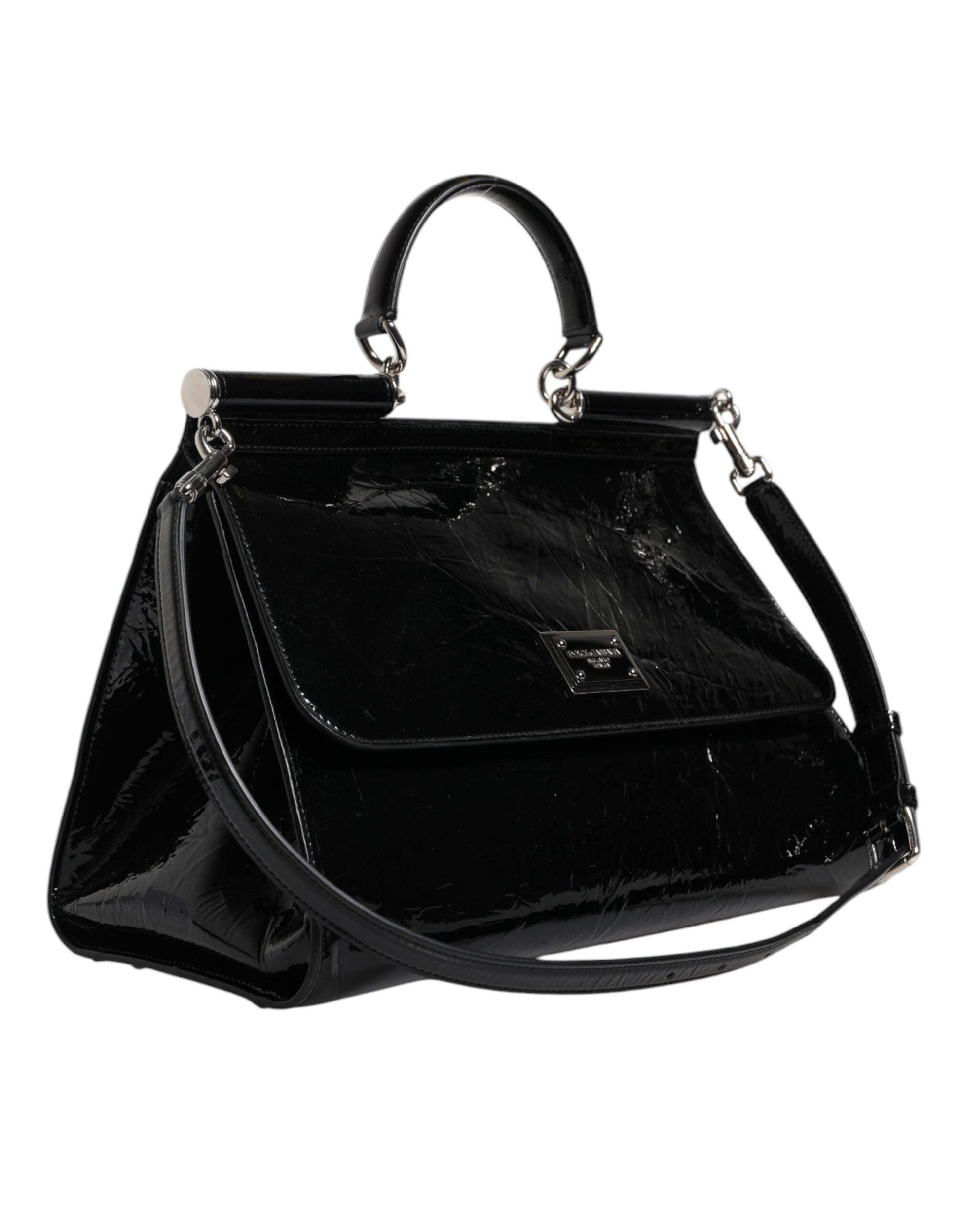 Dolce & Gabbana Black Leather SICILY Logo Top Handle Shoulder Bag - Arichezz.store