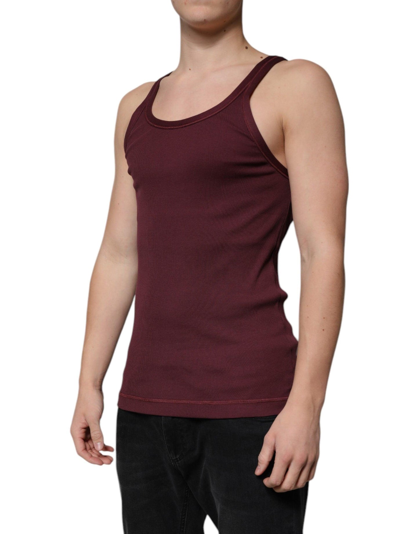 Dolce & Gabbana Maroon Cotton Sleeveless Round Neck Tank T-shirt - Arichezz.store