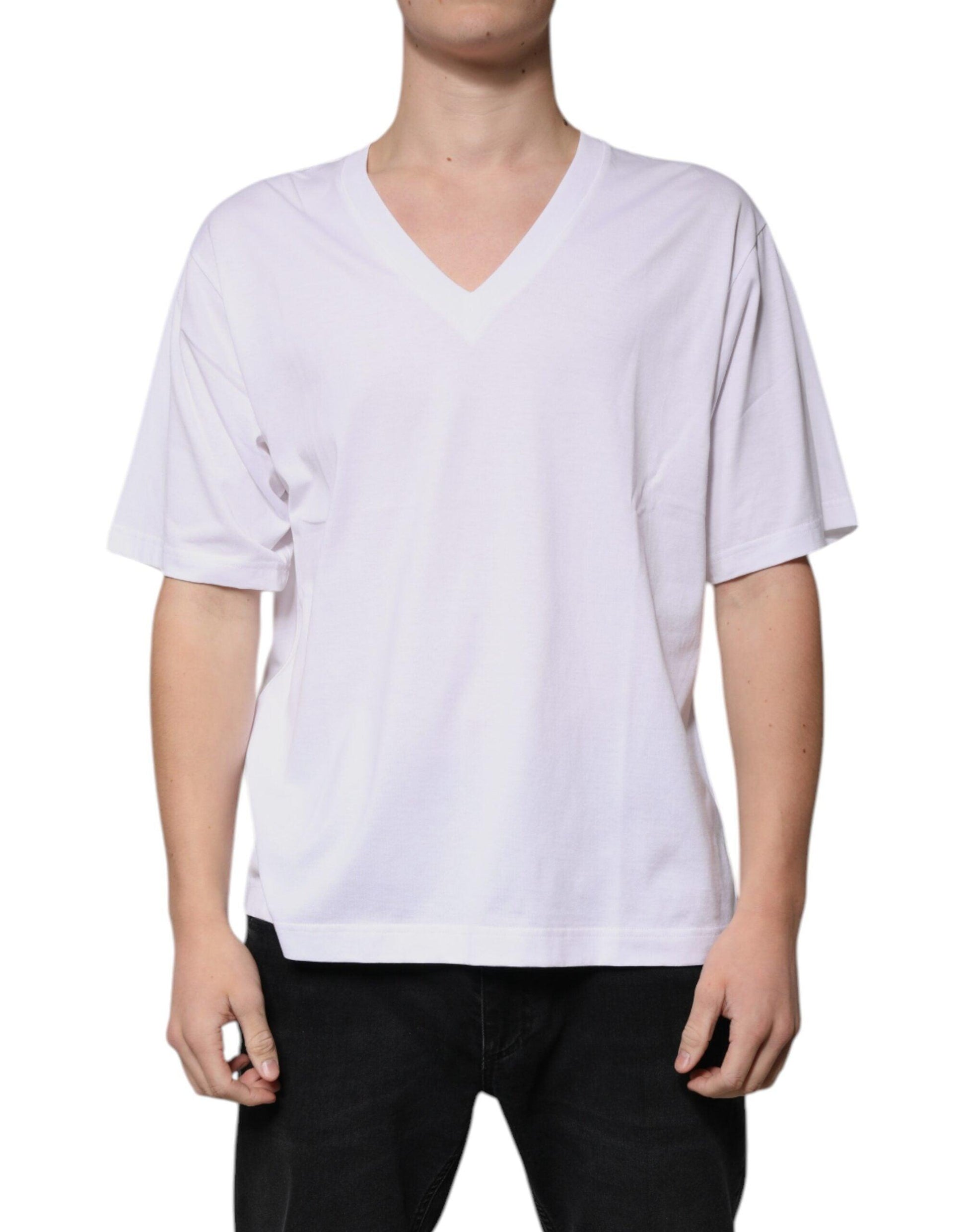 Dolce & Gabbana White Cotton V-neck Short Sleeves T-shirt - Arichezz.store