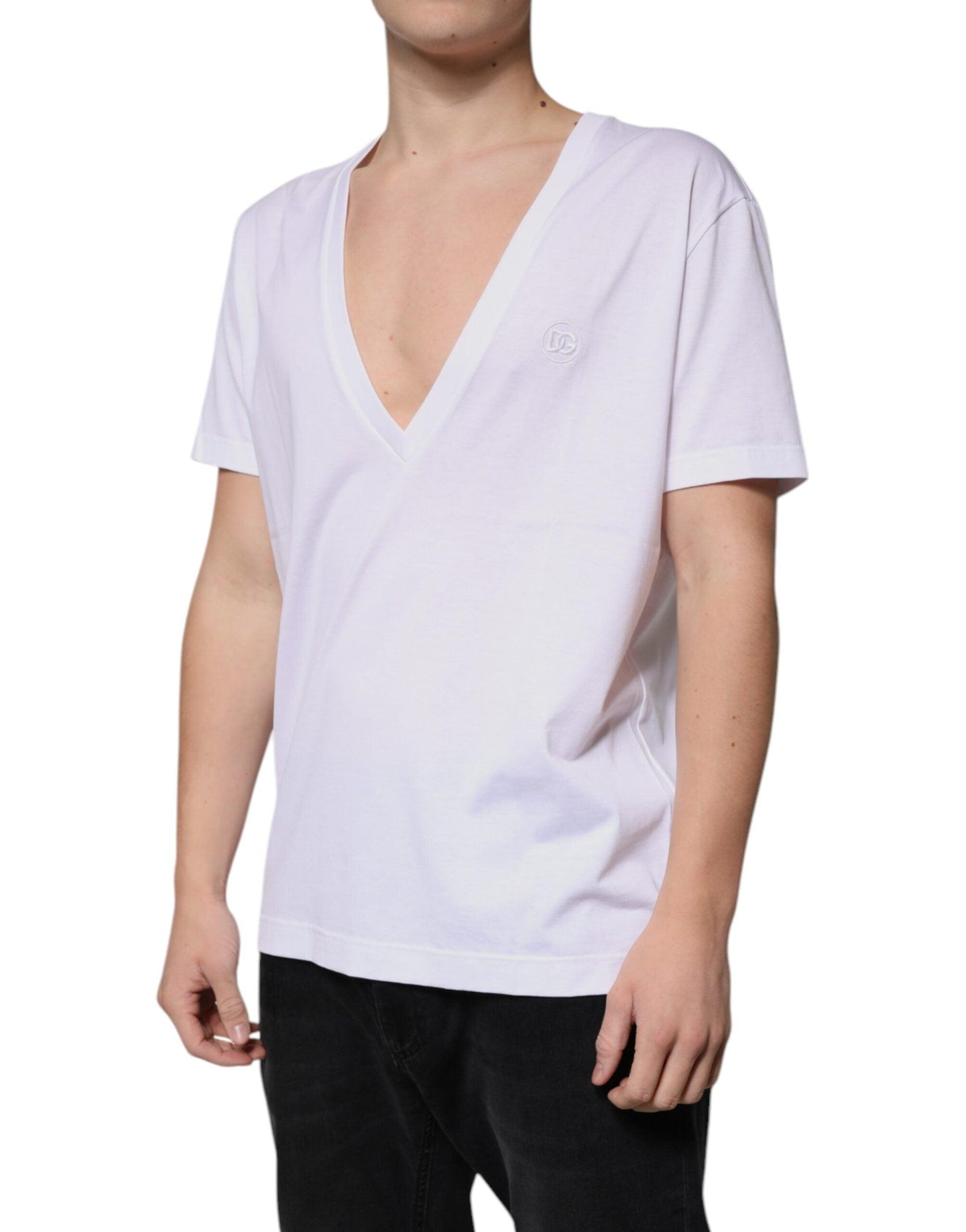 Dolce & Gabbana White Cotton V-neck Short Sleeves T-shirt - Arichezz.store