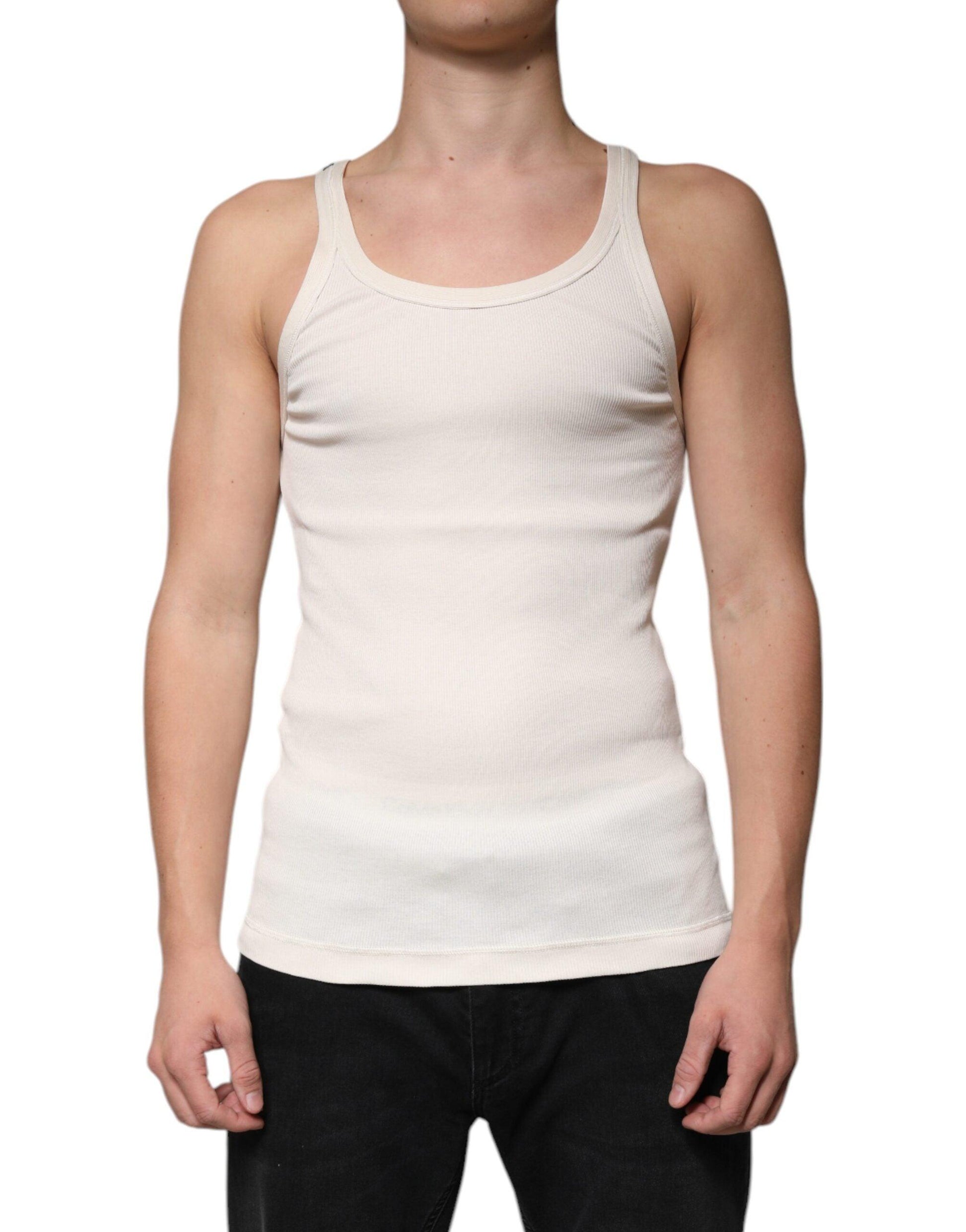 Dolce & Gabbana Off White Cotton Sleeveless Round Neck Tank T-shirt - Arichezz.store