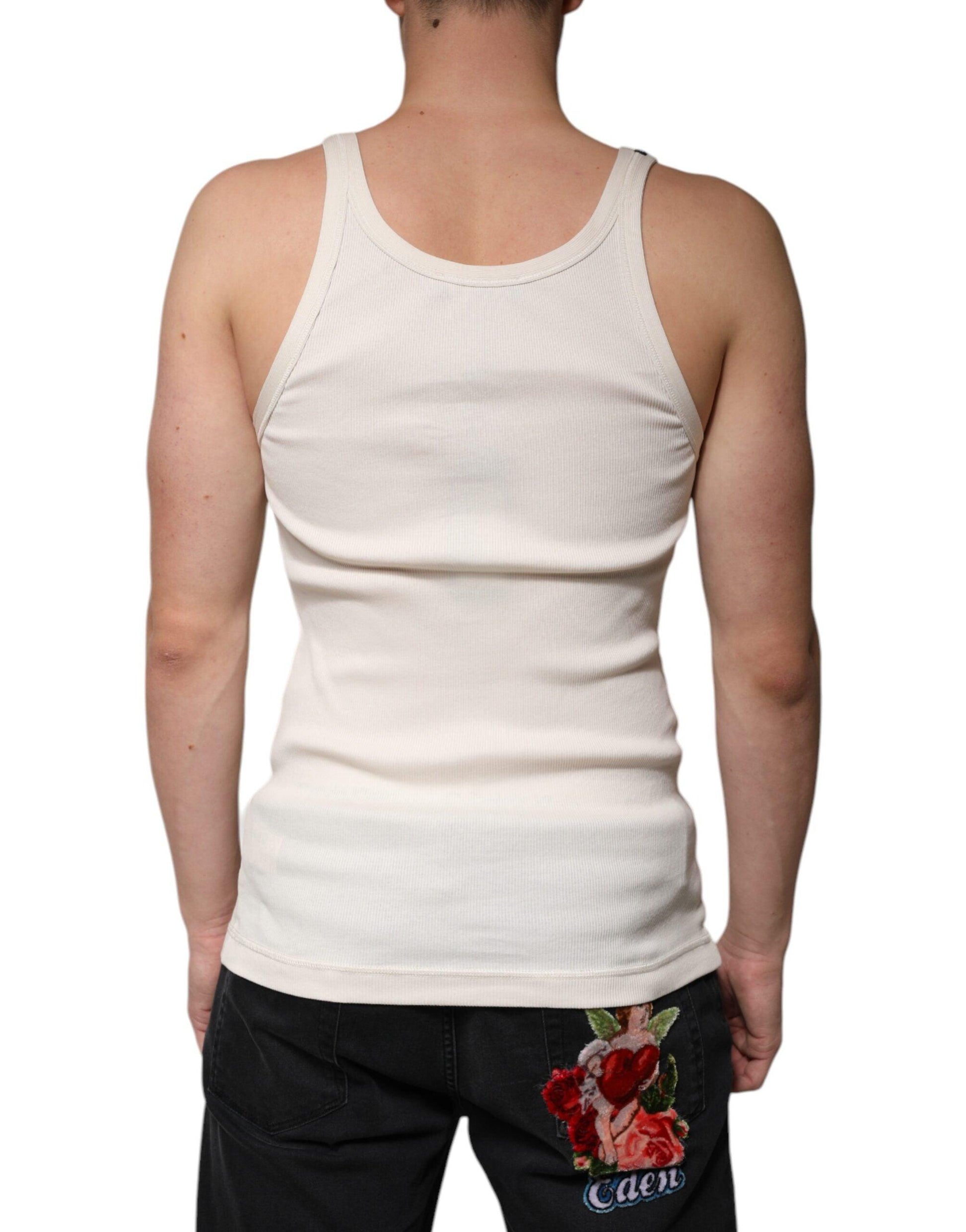 Dolce & Gabbana Off White Cotton Sleeveless Round Neck Tank T-shirt - Arichezz.store