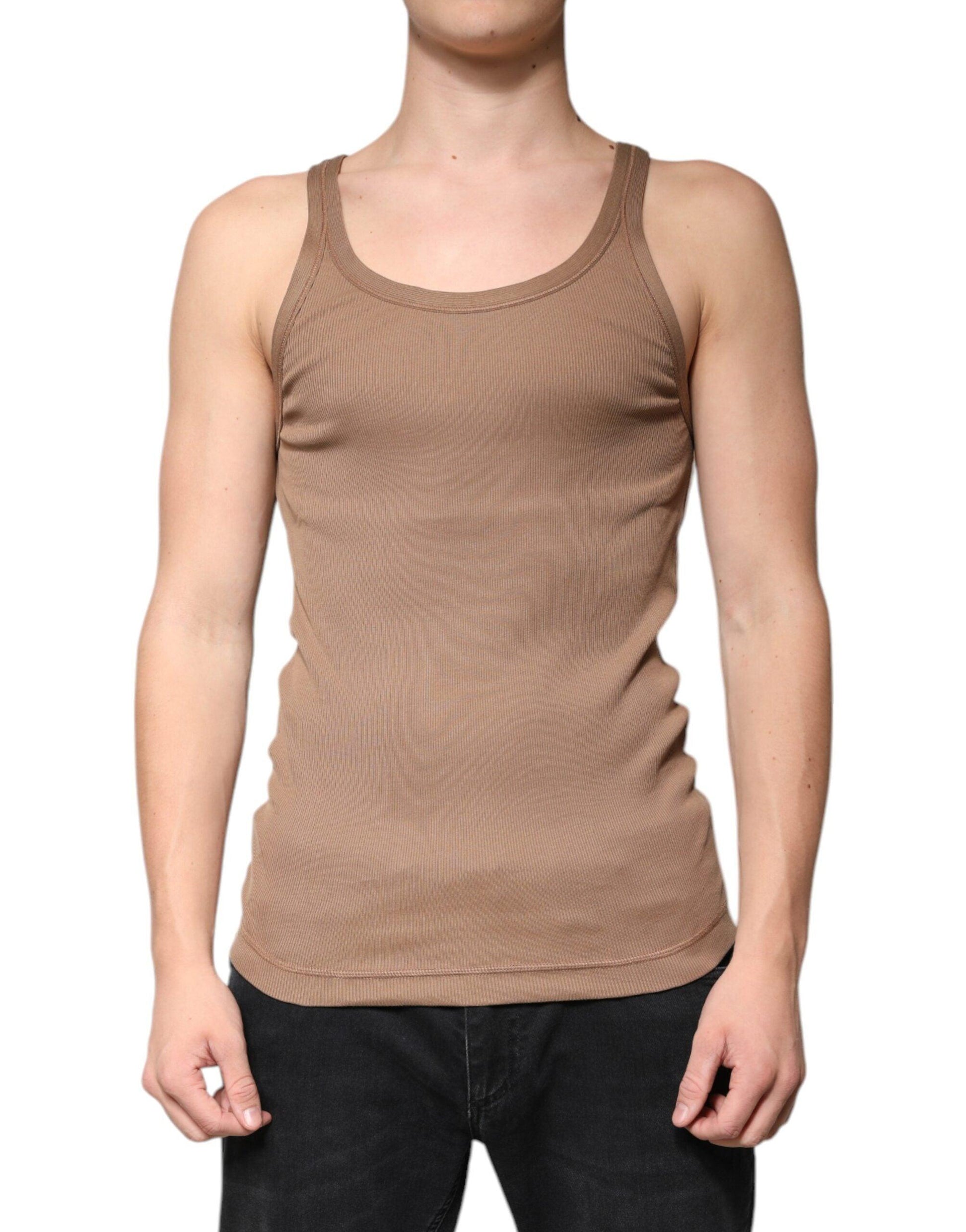 Dolce & Gabbana Brown Cotton Sleeveless Round Neck Tank T-shirt - Arichezz.store