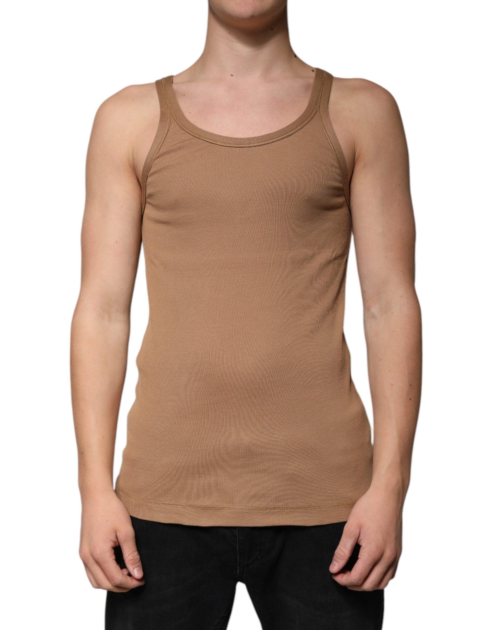 Dolce & Gabbana Brown Cotton Sleeveless Round Neck Tank T-shirt - Arichezz.store