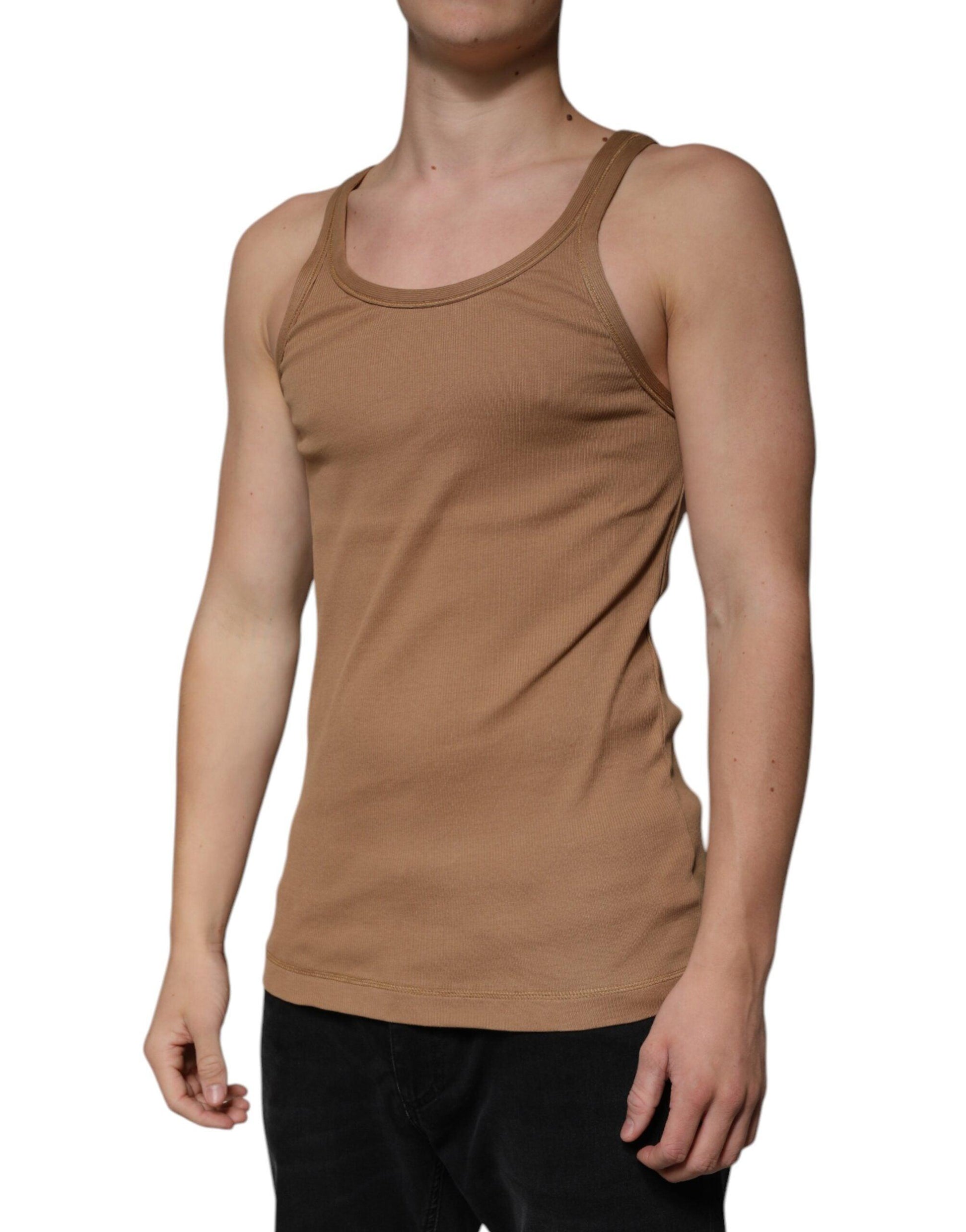 Dolce & Gabbana Brown Cotton Sleeveless Round Neck Tank T-shirt - Arichezz.store