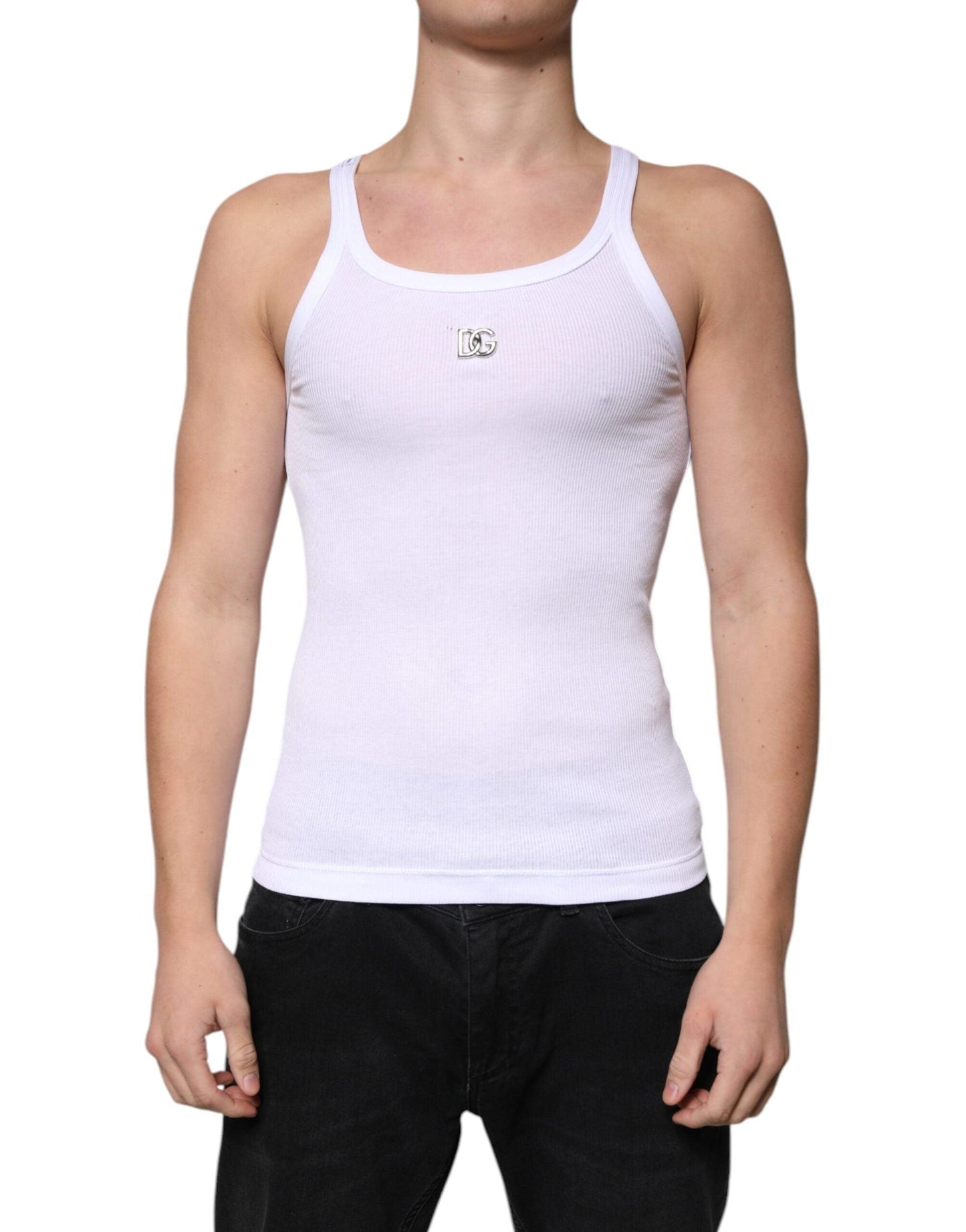 Dolce & Gabbana White Cotton DG Sleeveless Round Neck T-shirt - Arichezz.store