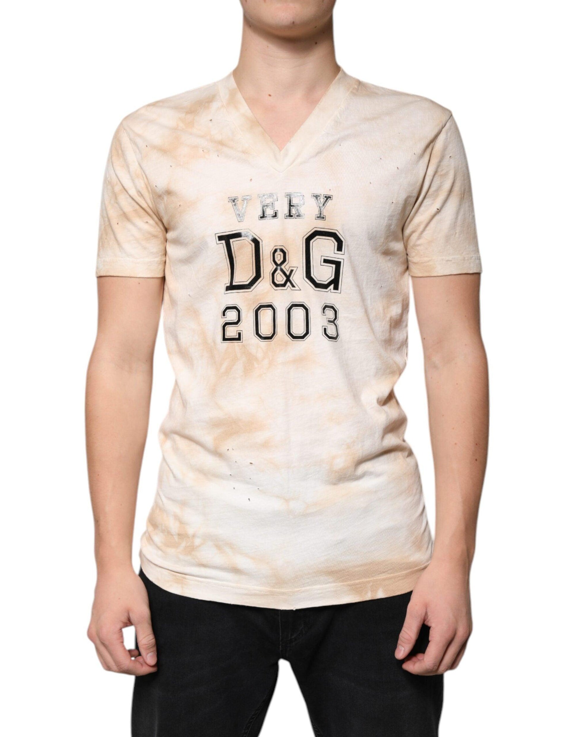 Dolce & Gabbana Beige Graphic Print Cotton V-neck T-shirt - Arichezz.store