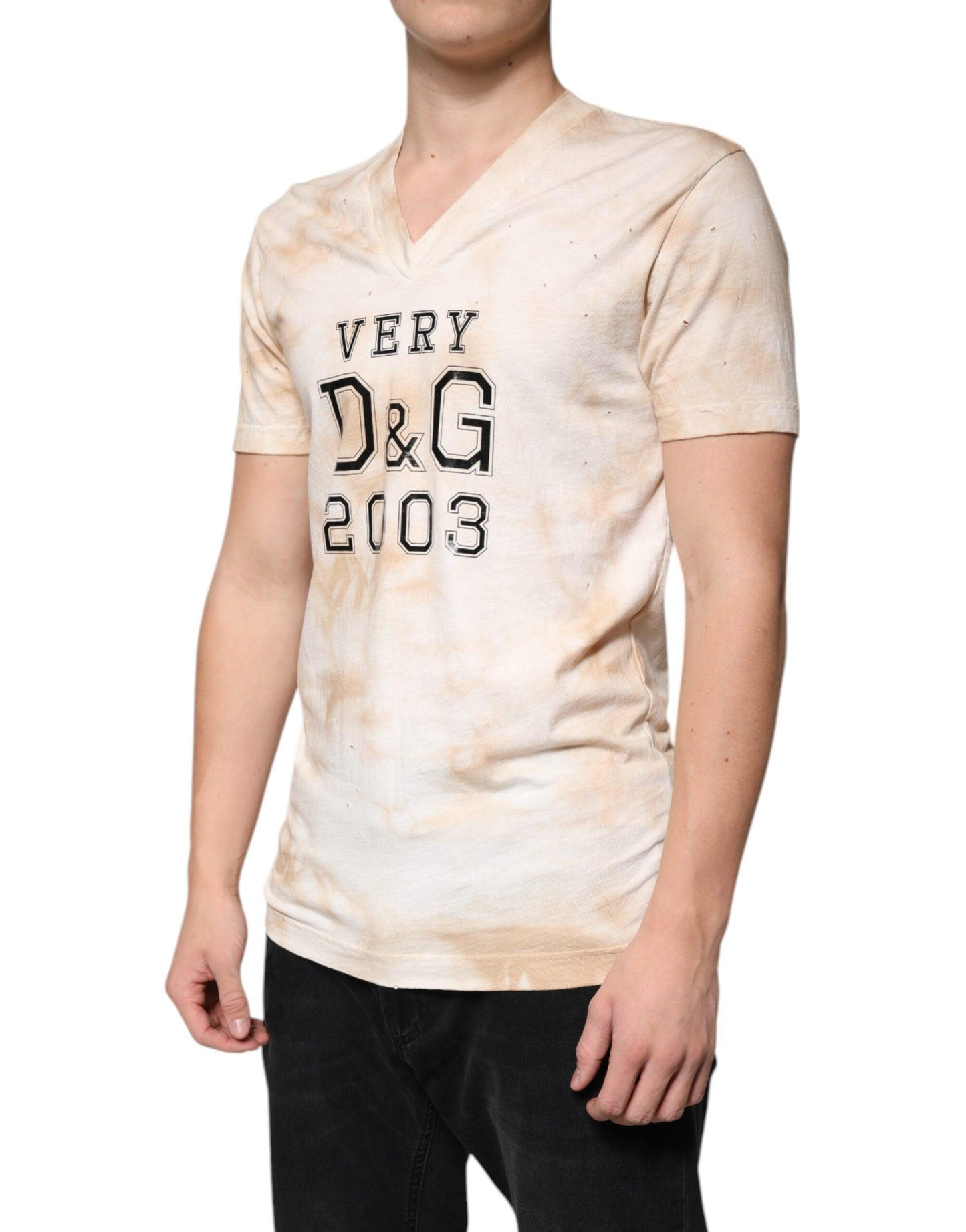 Dolce & Gabbana Beige Graphic Print Cotton V-neck T-shirt - Arichezz.store