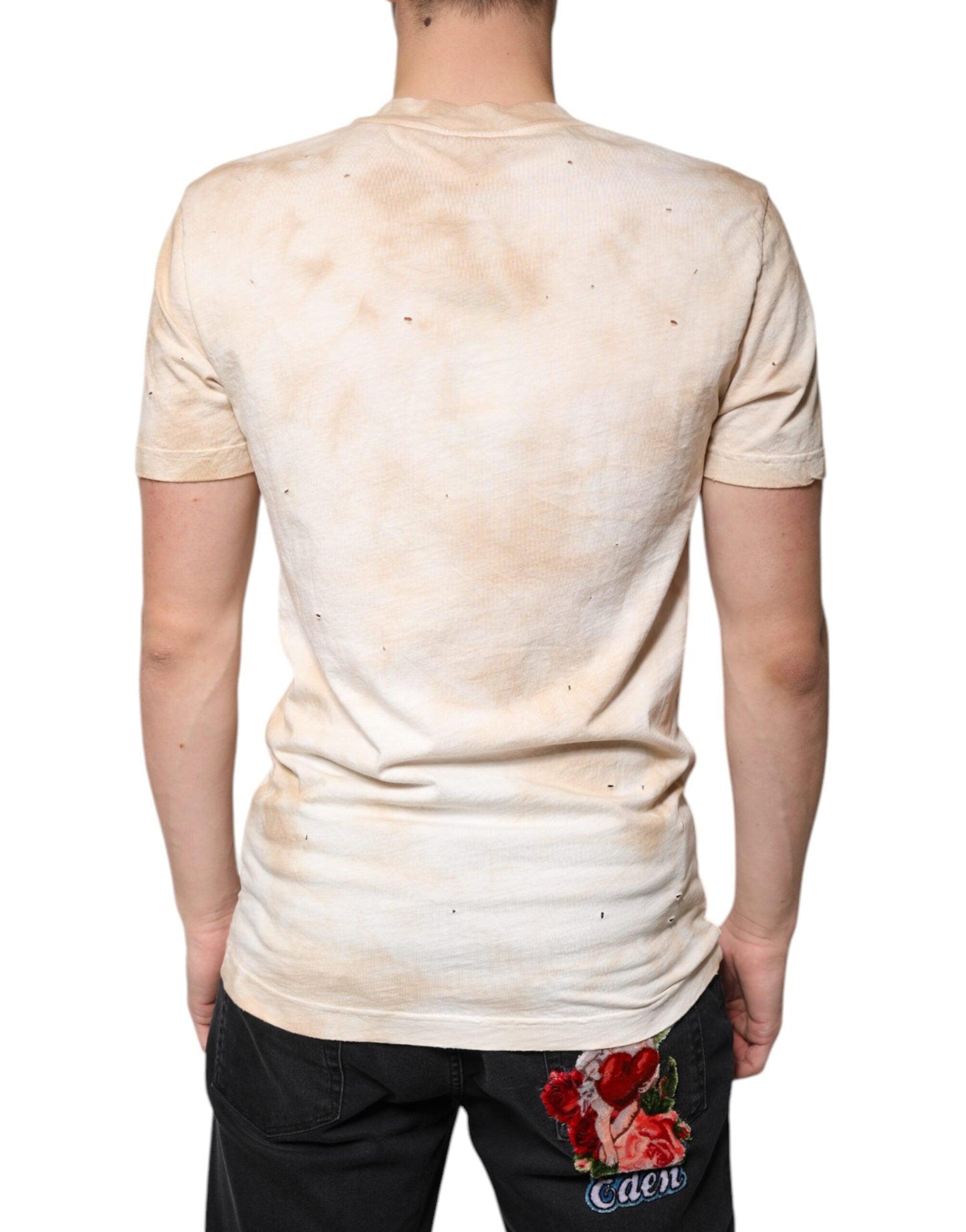 Dolce & Gabbana Beige Graphic Print Cotton V-neck T-shirt - Arichezz.store