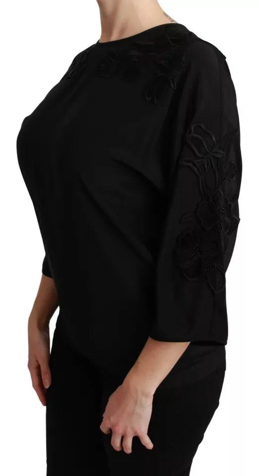 Dolce & Gabbana Black Floral Embroidered Blouse Silk Top - Arichezz.store