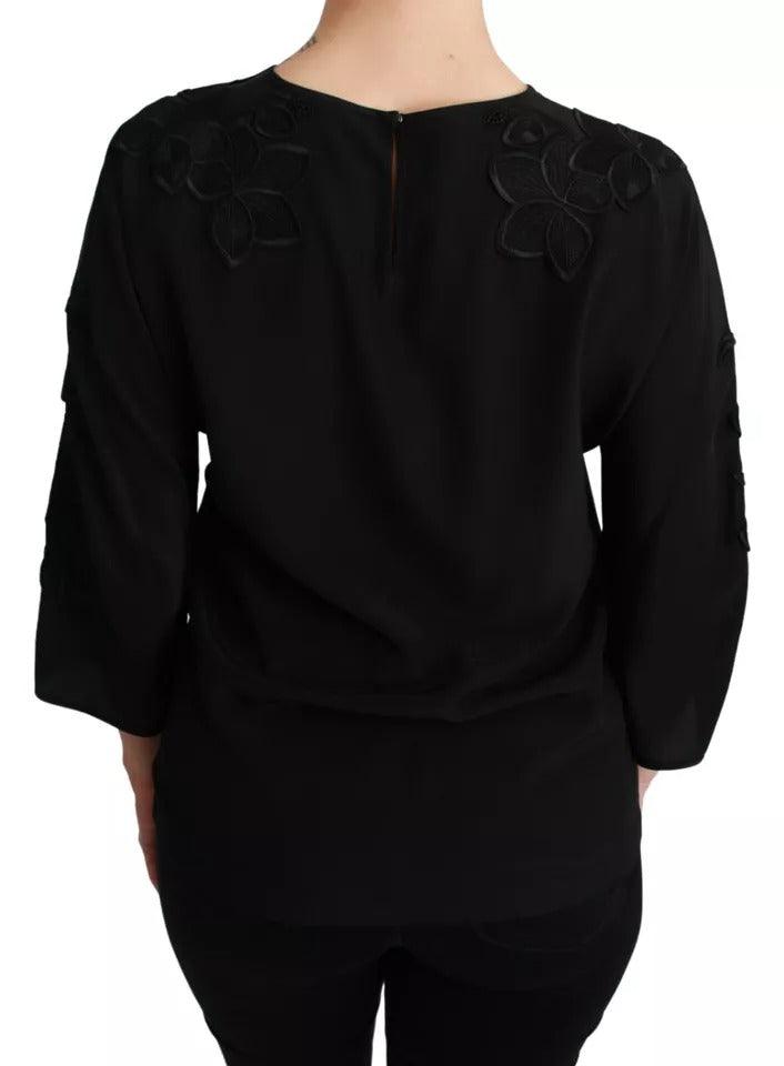 Dolce & Gabbana Black Floral Embroidered Blouse Silk Top - Arichezz.store