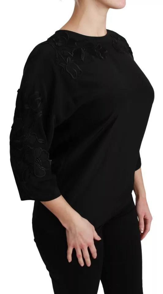 Dolce & Gabbana Black Floral Embroidered Blouse Silk Top - Arichezz.store