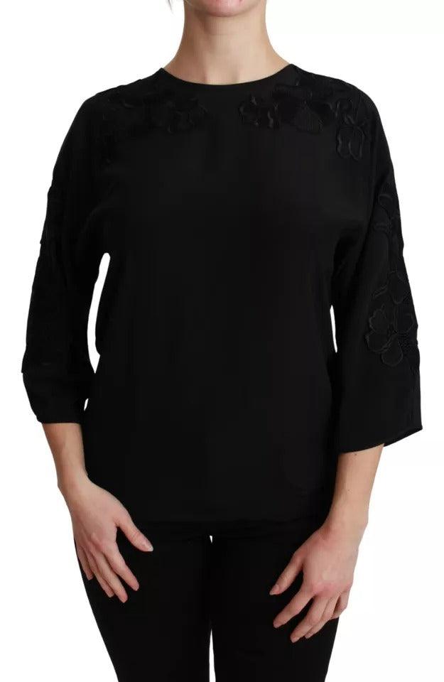 Dolce & Gabbana Black Floral Embroidered Blouse Silk Top - Arichezz.store