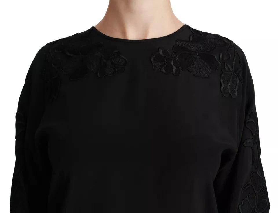 Dolce & Gabbana Black Floral Embroidered Blouse Silk Top - Arichezz.store