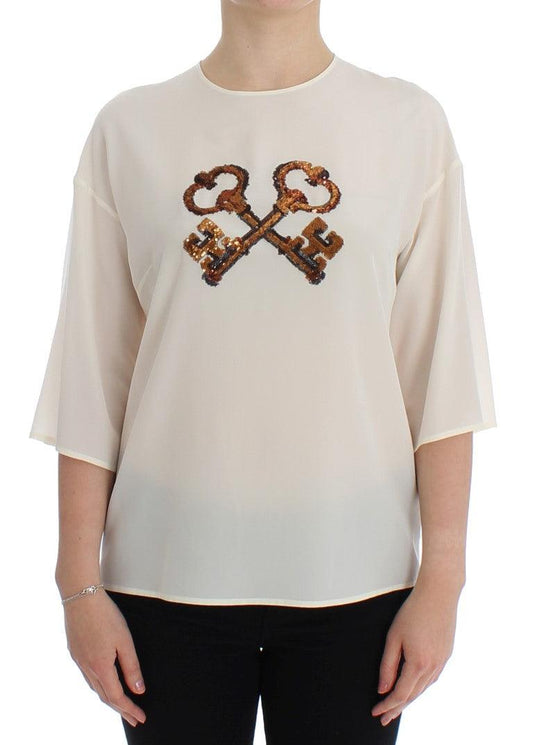 Dolce & Gabbana Ivory Sequined Silk Blouse Top - Arichezz.store