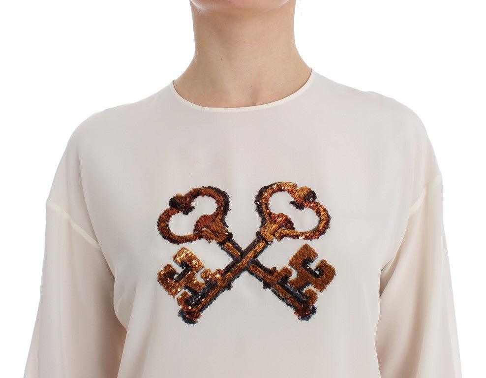 Dolce & Gabbana Ivory Sequined Silk Blouse Top - Arichezz.store