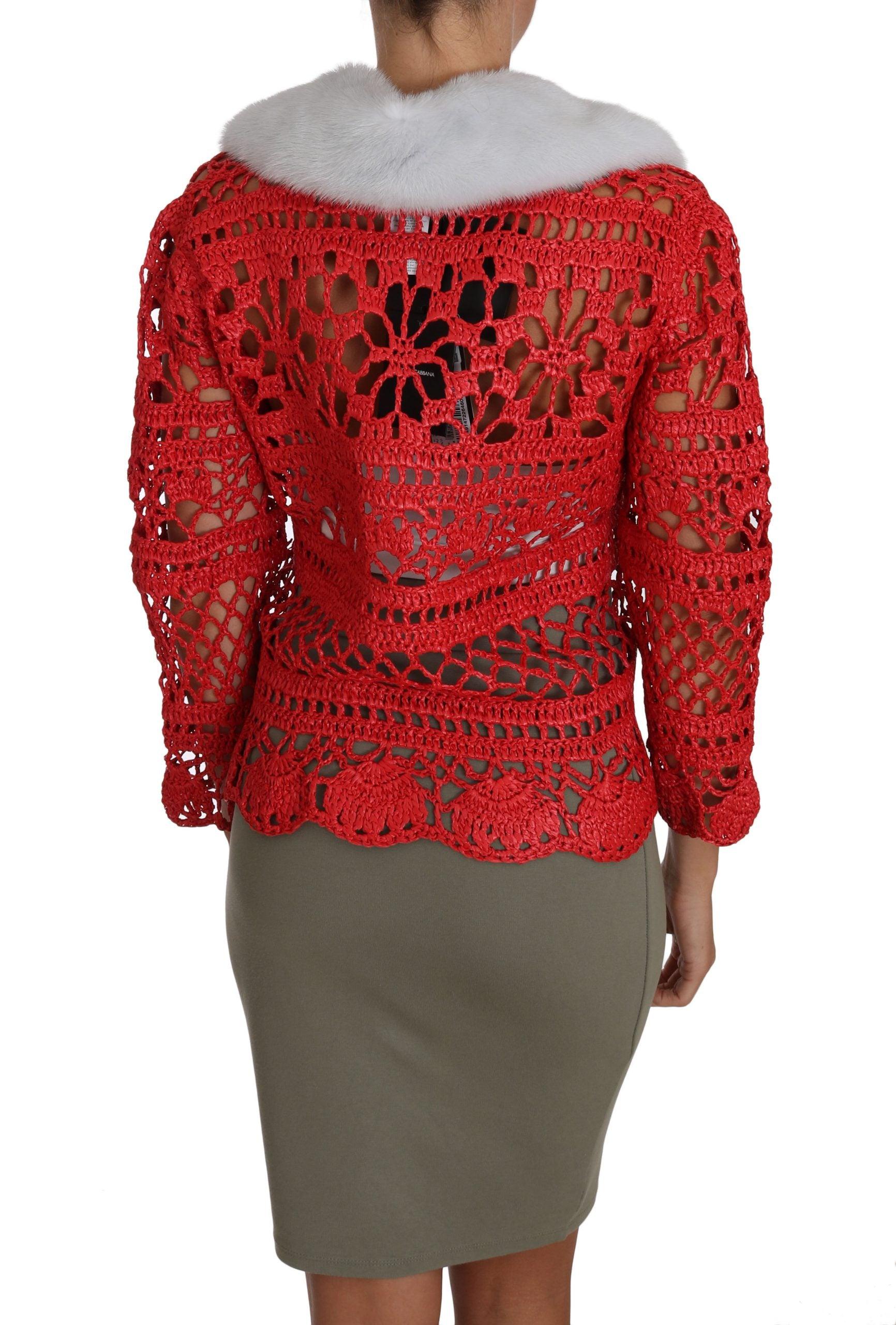 Dolce & Gabbana Elegant Red Crochet Knit Cardigan with Fur Collar - Arichezz.store