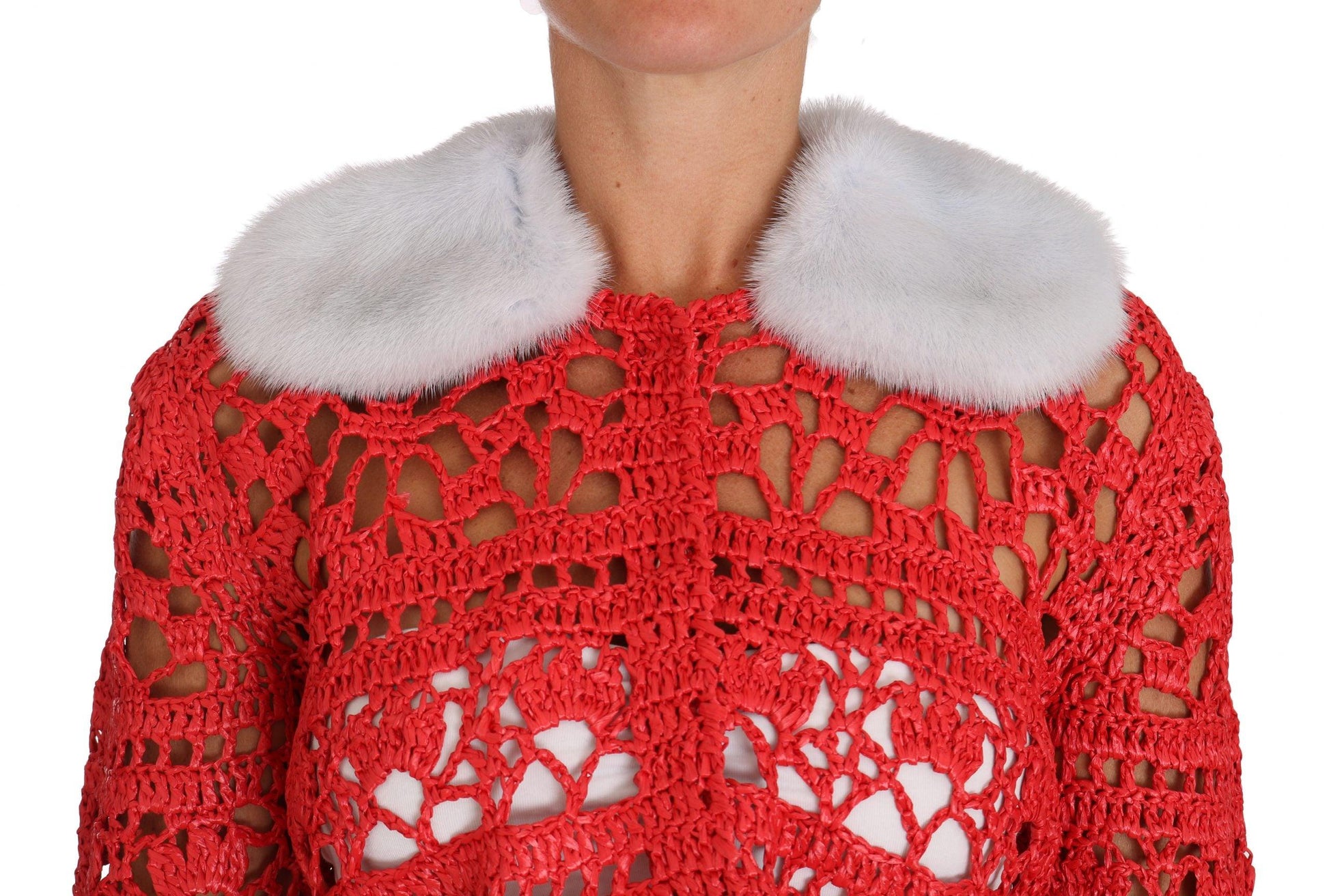 Dolce & Gabbana Elegant Red Crochet Knit Cardigan with Fur Collar - Arichezz.store