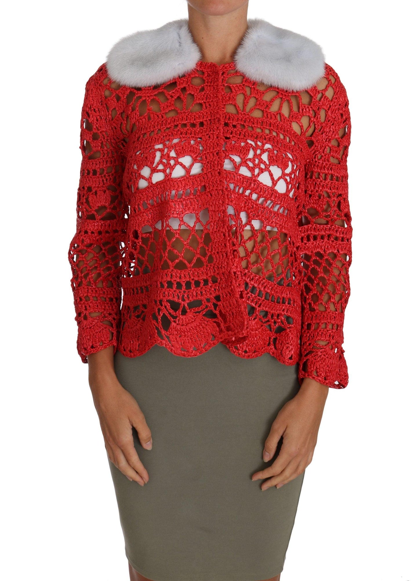 Dolce & Gabbana Elegant Red Crochet Knit Cardigan with Fur Collar - Arichezz.store