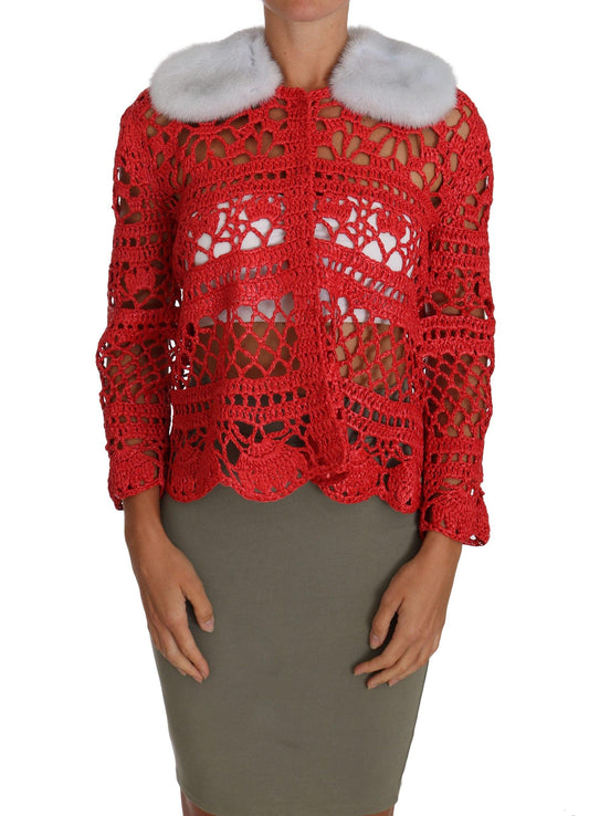 Dolce & Gabbana Elegant Red Crochet Knit Cardigan with Fur Collar - Arichezz.store