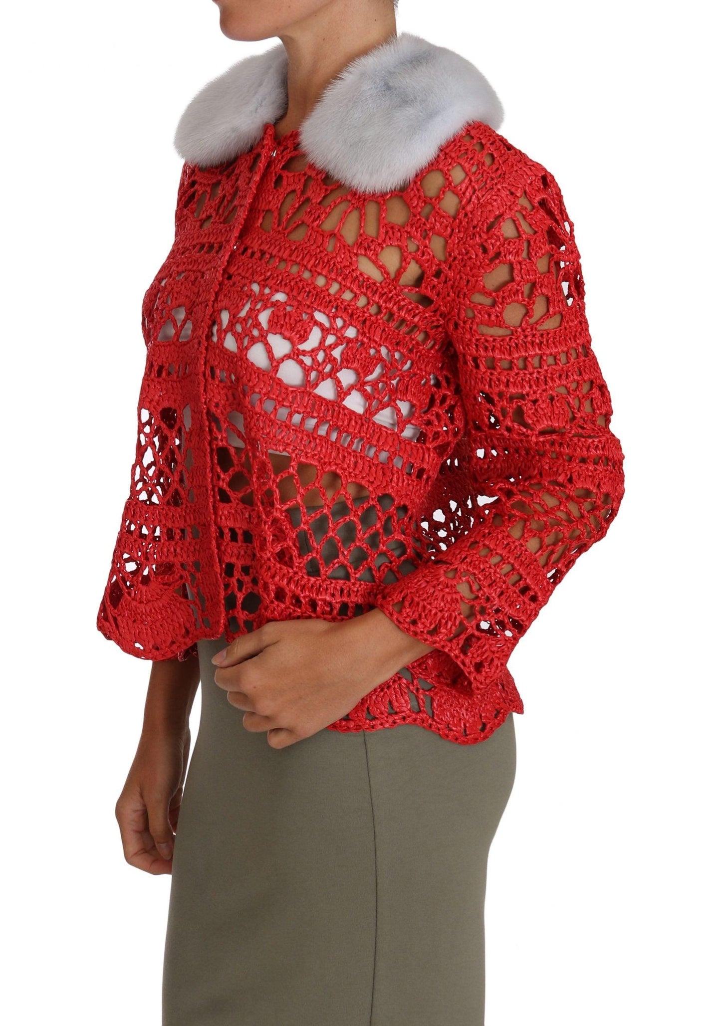 Dolce & Gabbana Elegant Red Crochet Knit Cardigan with Fur Collar - Arichezz.store