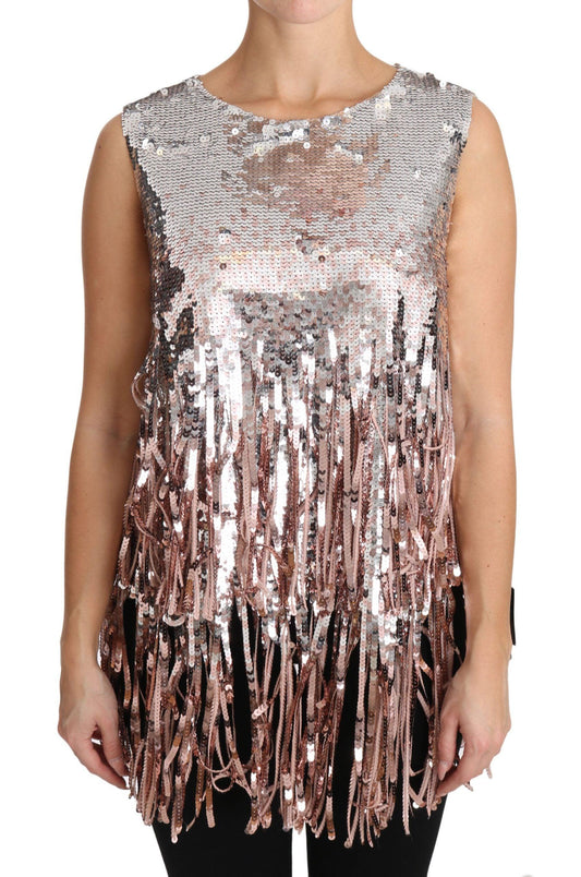 Dolce & Gabbana Golden Pink Sequined Fringe Elegance Top - Arichezz.store